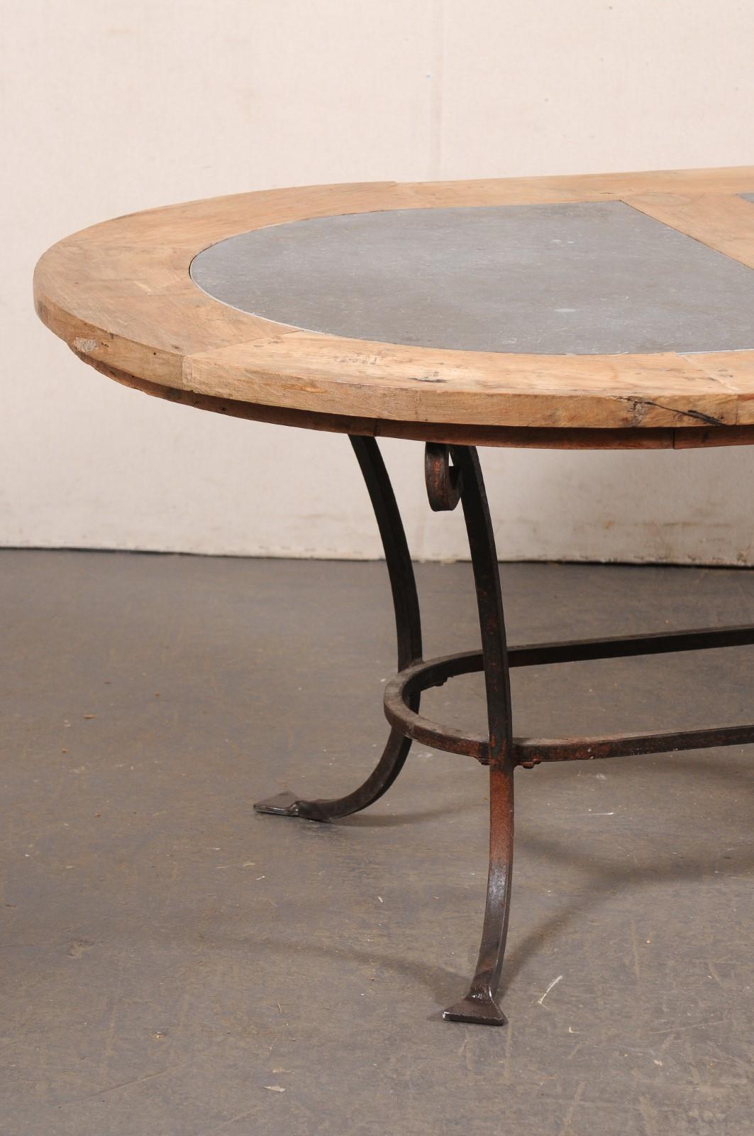 French Oval-Shaped Wood w/Stone Inlay Top Dining Table on Iron Base, Mid 20th C In Good Condition In Atlanta, GA