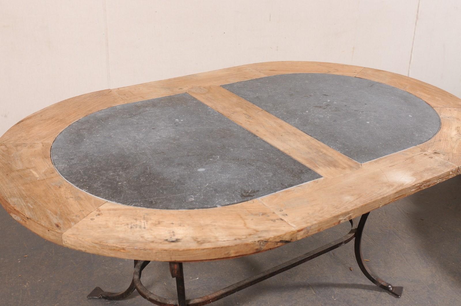 20th Century French Oval-Shaped Wood w/Stone Inlay Top Dining Table on Iron Base, Mid 20th C