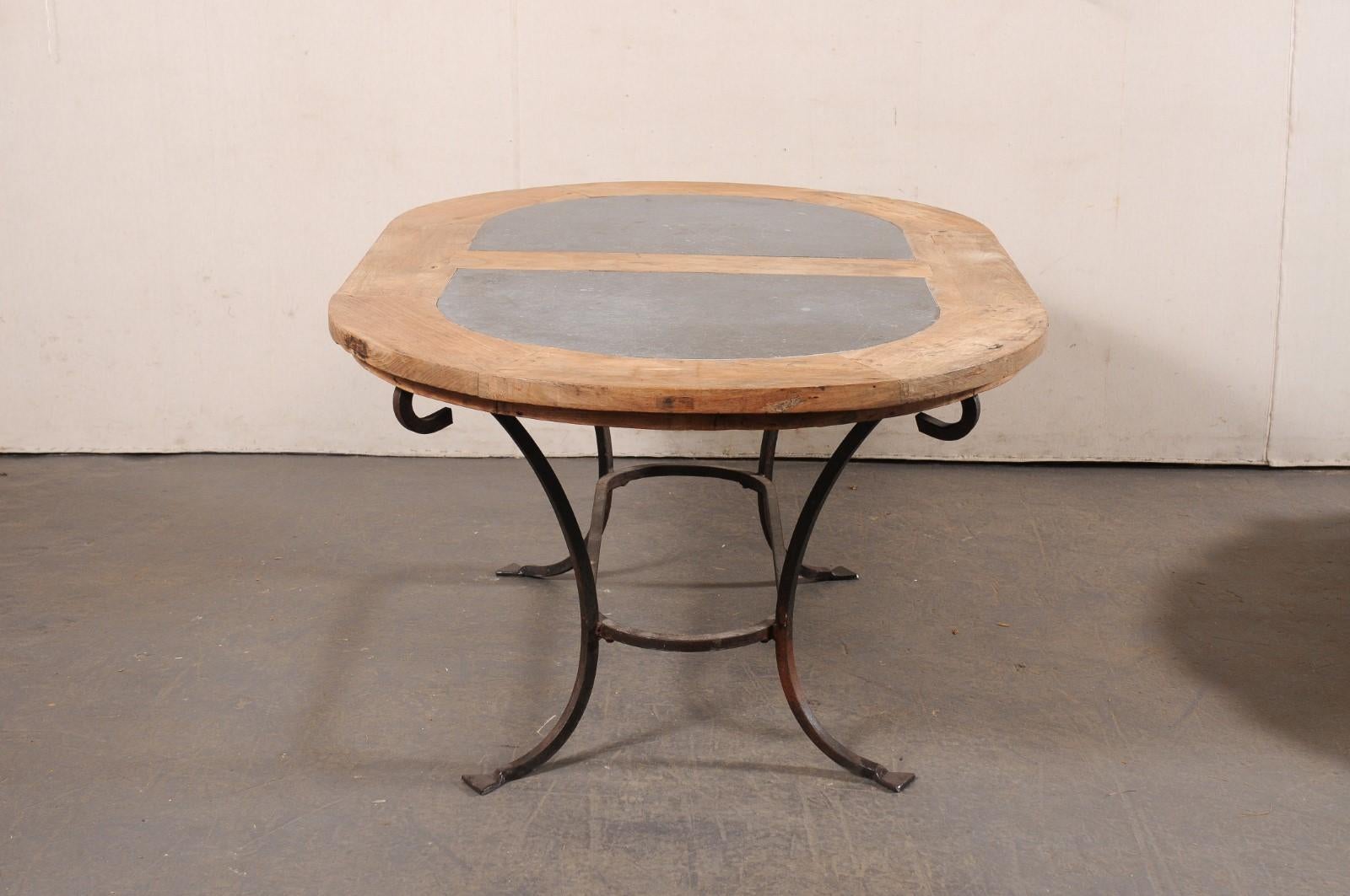French Oval-Shaped Wood w/Stone Inlay Top Dining Table on Iron Base, Mid 20th C 1