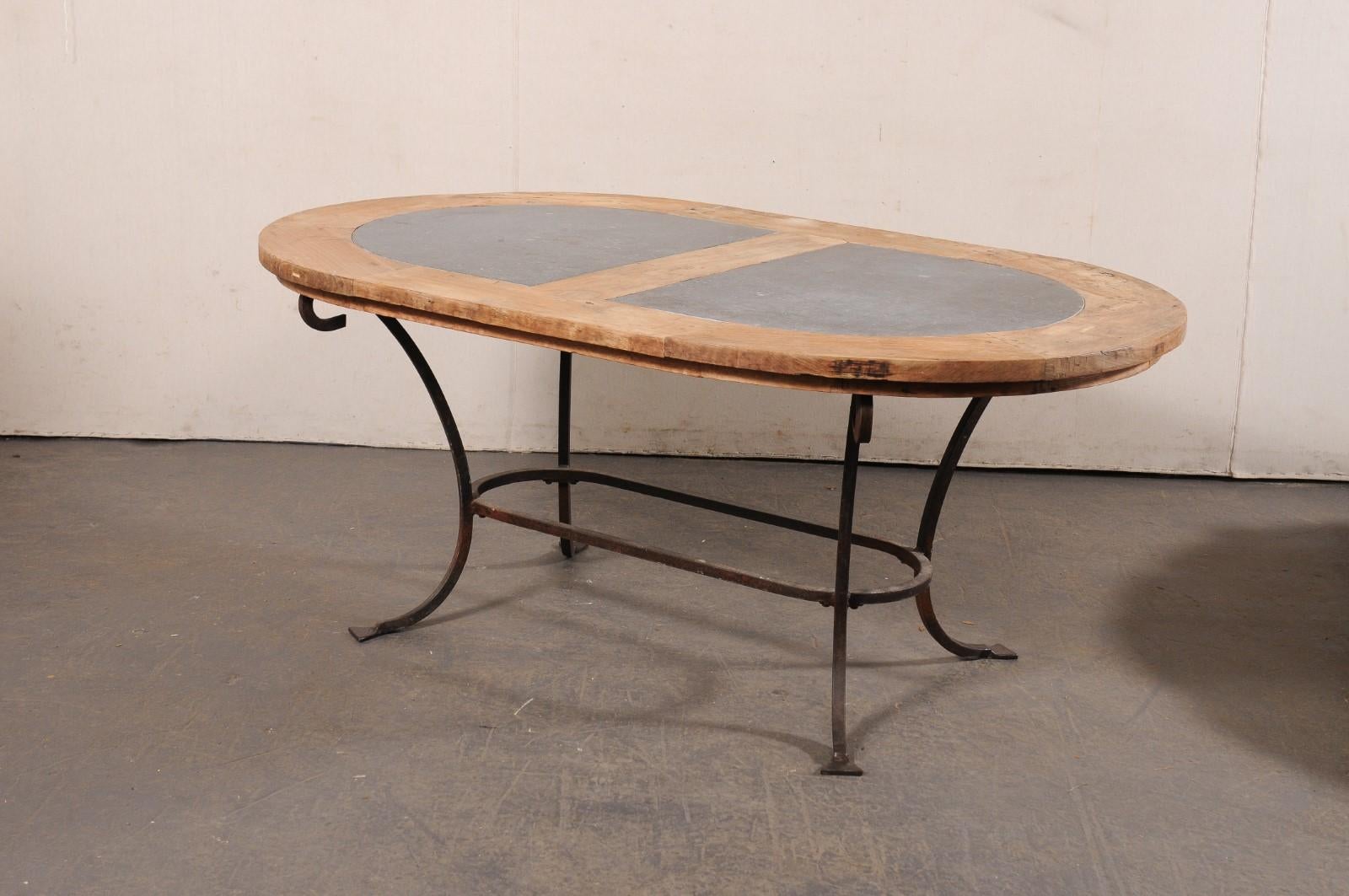 French Oval-Shaped Wood w/Stone Inlay Top Dining Table on Iron Base, Mid 20th C 2