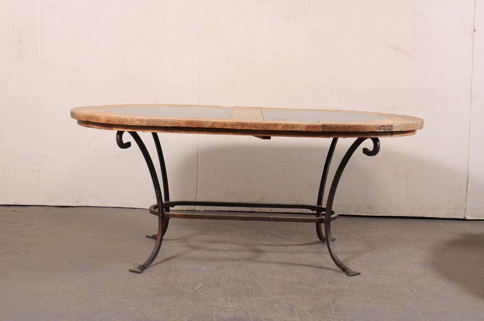 French Oval-Shaped Wood w/Stone Inlay Top Dining Table on Iron Base, Mid 20th C 3