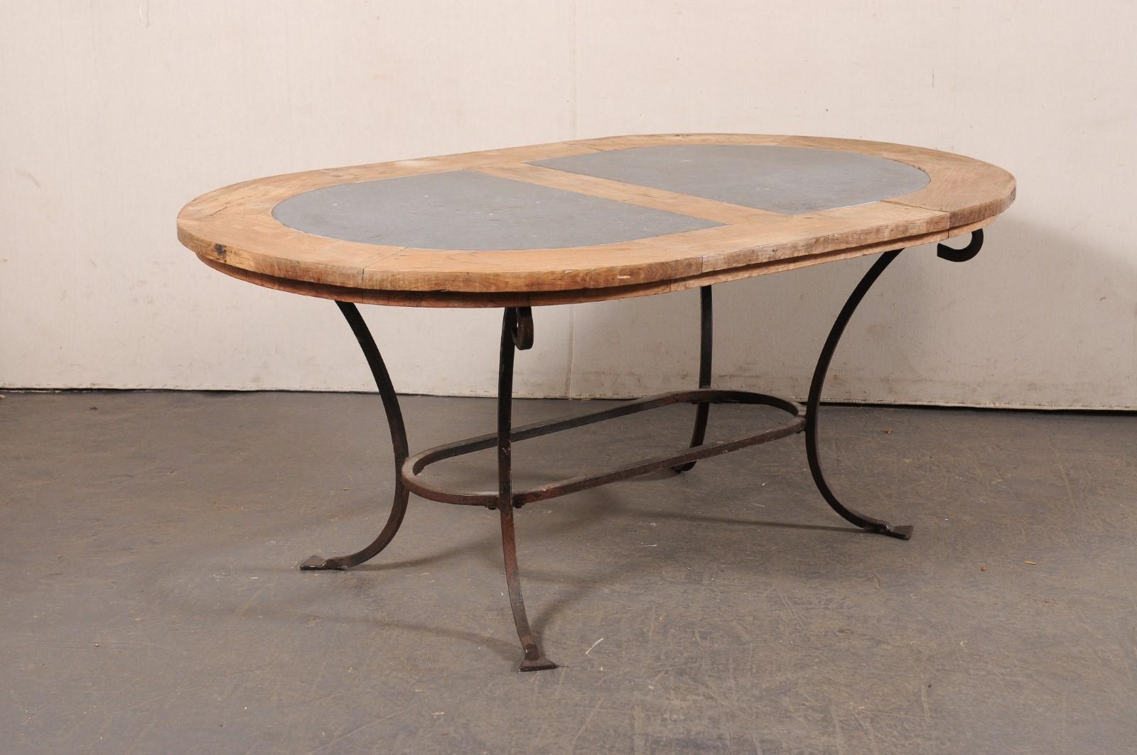 French Oval-Shaped Wood w/Stone Inlay Top Dining Table on Iron Base, Mid 20th C 4