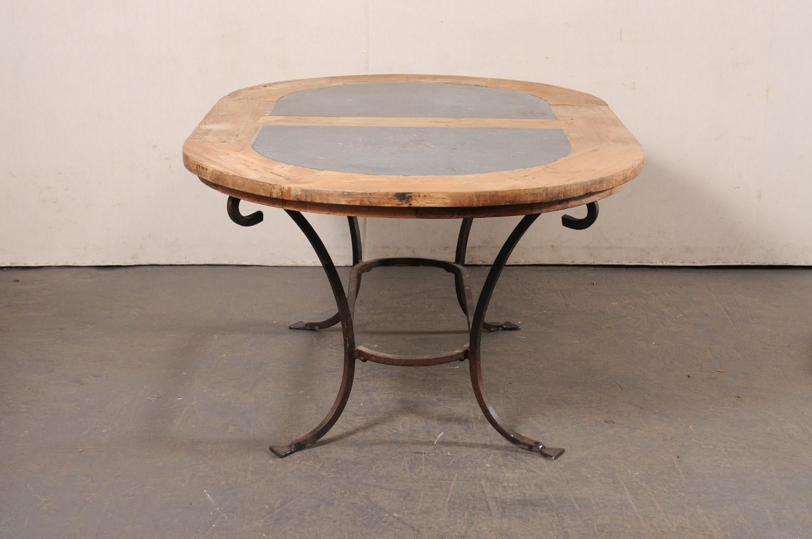 French Oval-Shaped Wood w/Stone Inlay Top Dining Table on Iron Base, Mid 20th C 5