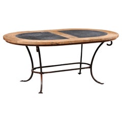 French Oval-Shaped Wood w/Stone Inlay Top Dining Table on Iron Base, Mid 20th C