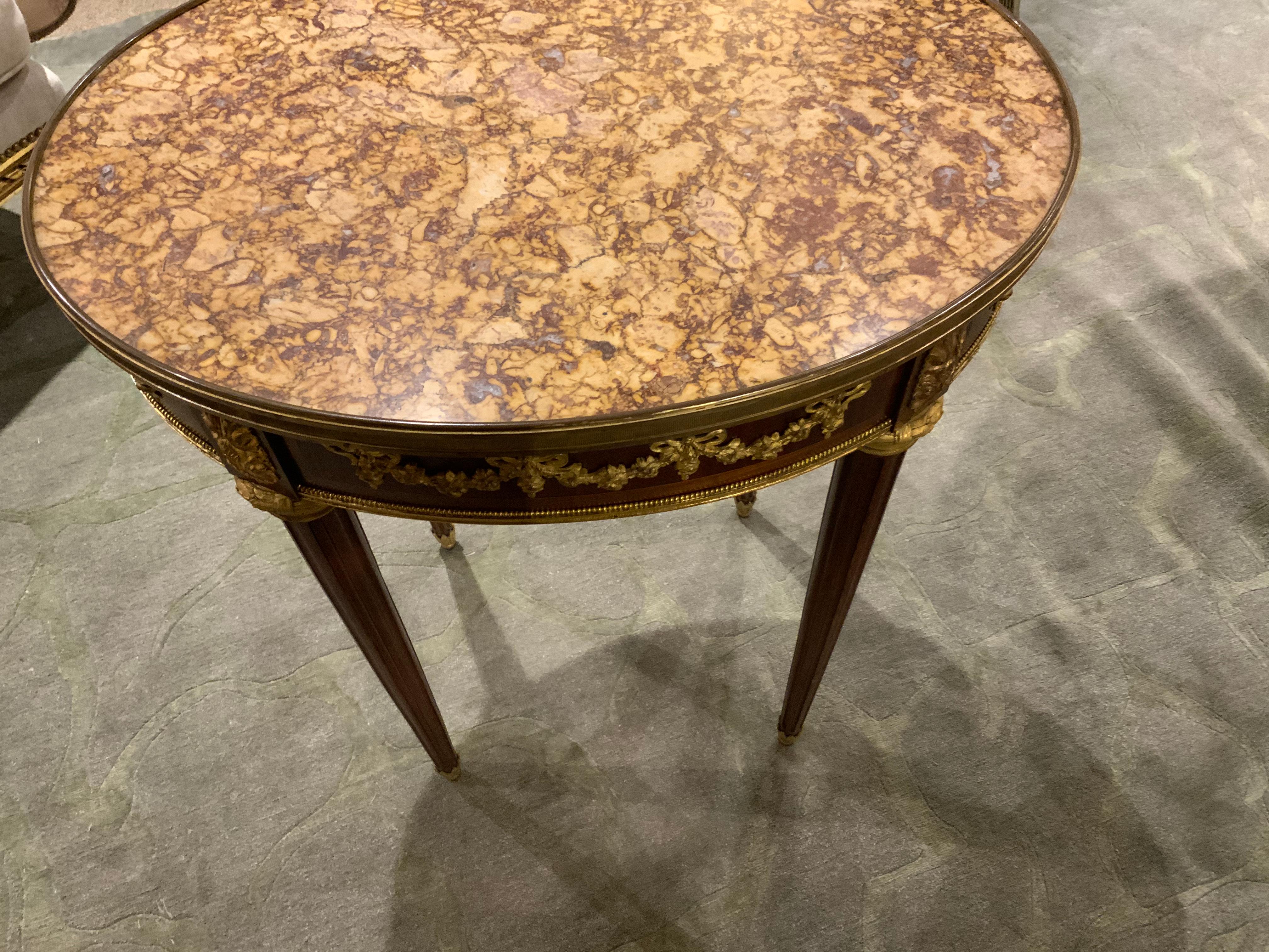 Mahogany French Oval Side Table with Gilt Bronze Mounts and Marble Top, Louis XVI Style For Sale