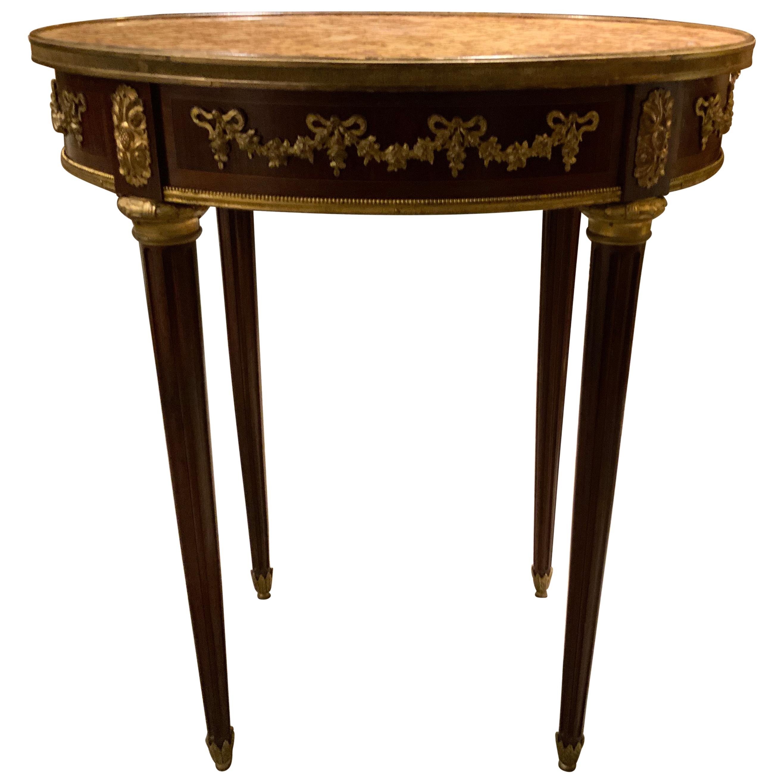 French Oval Side Table with Gilt Bronze Mounts and Marble Top, Louis XVI Style