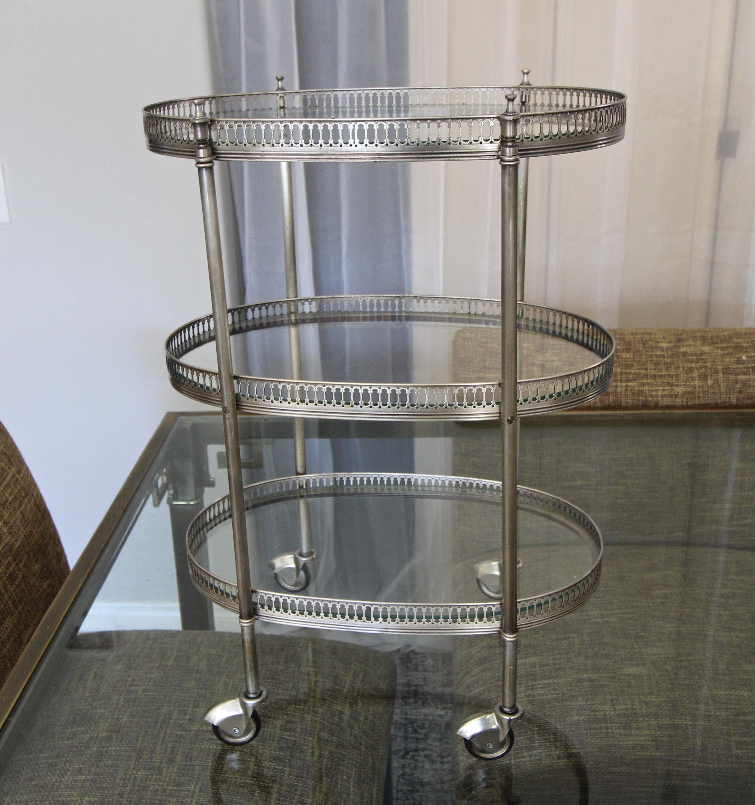 French Oval Silver Plated 3-Tier Bar Cart or Side Table 8