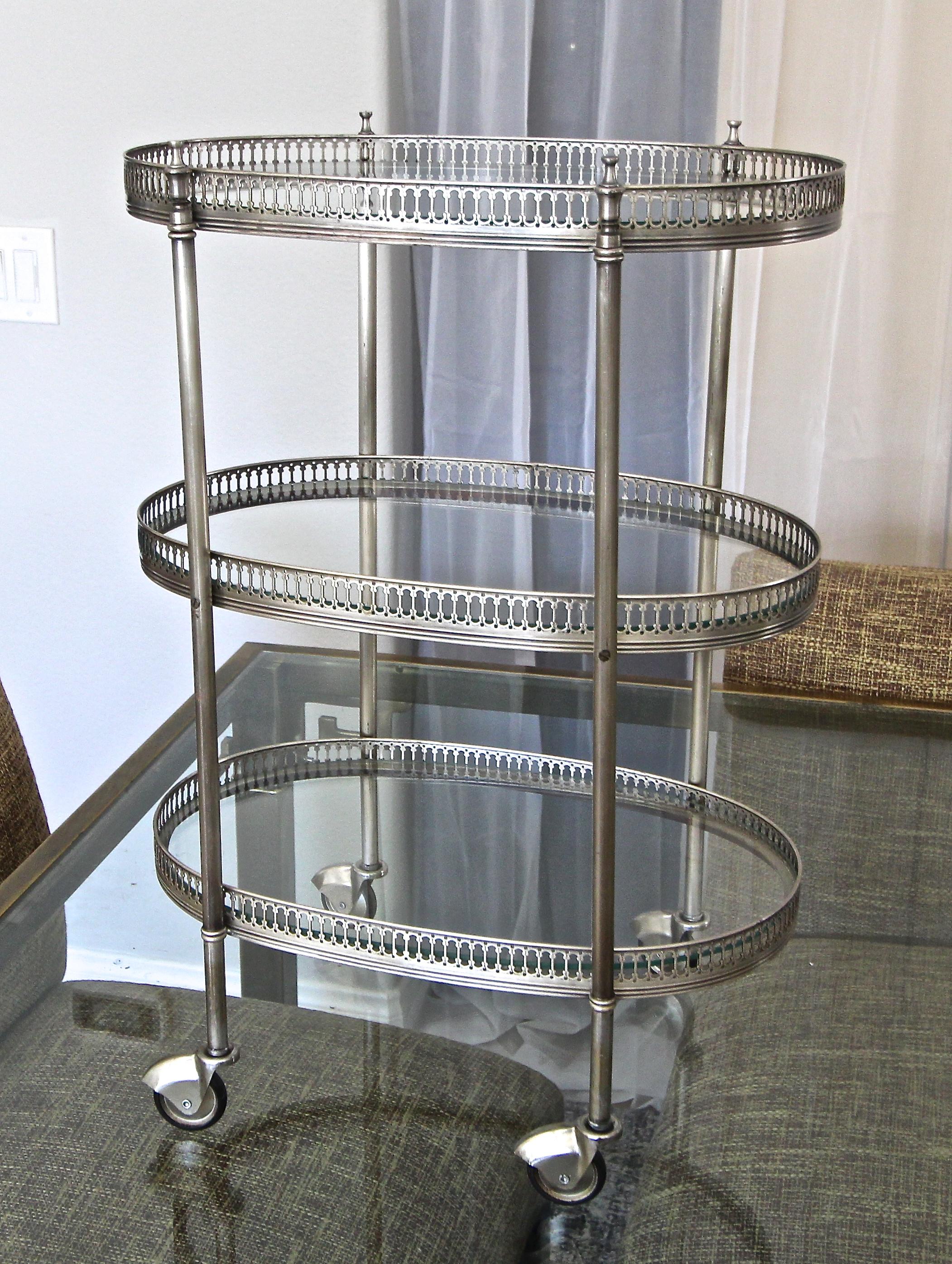 French Oval Silver Plated 3-Tier Bar Cart or Side Table 11