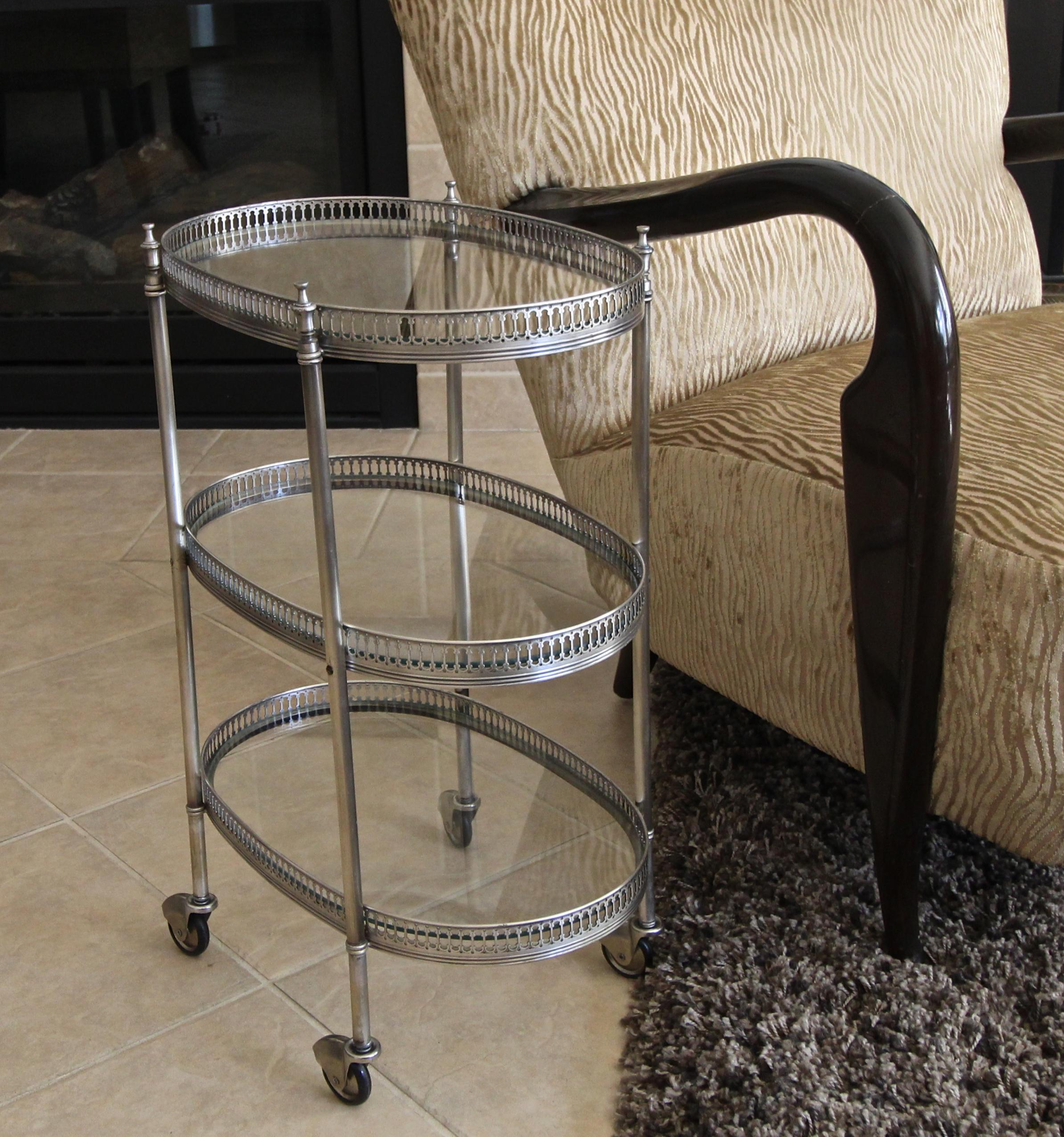 French Oval Silver Plated 3-Tier Bar Cart or Side Table 13