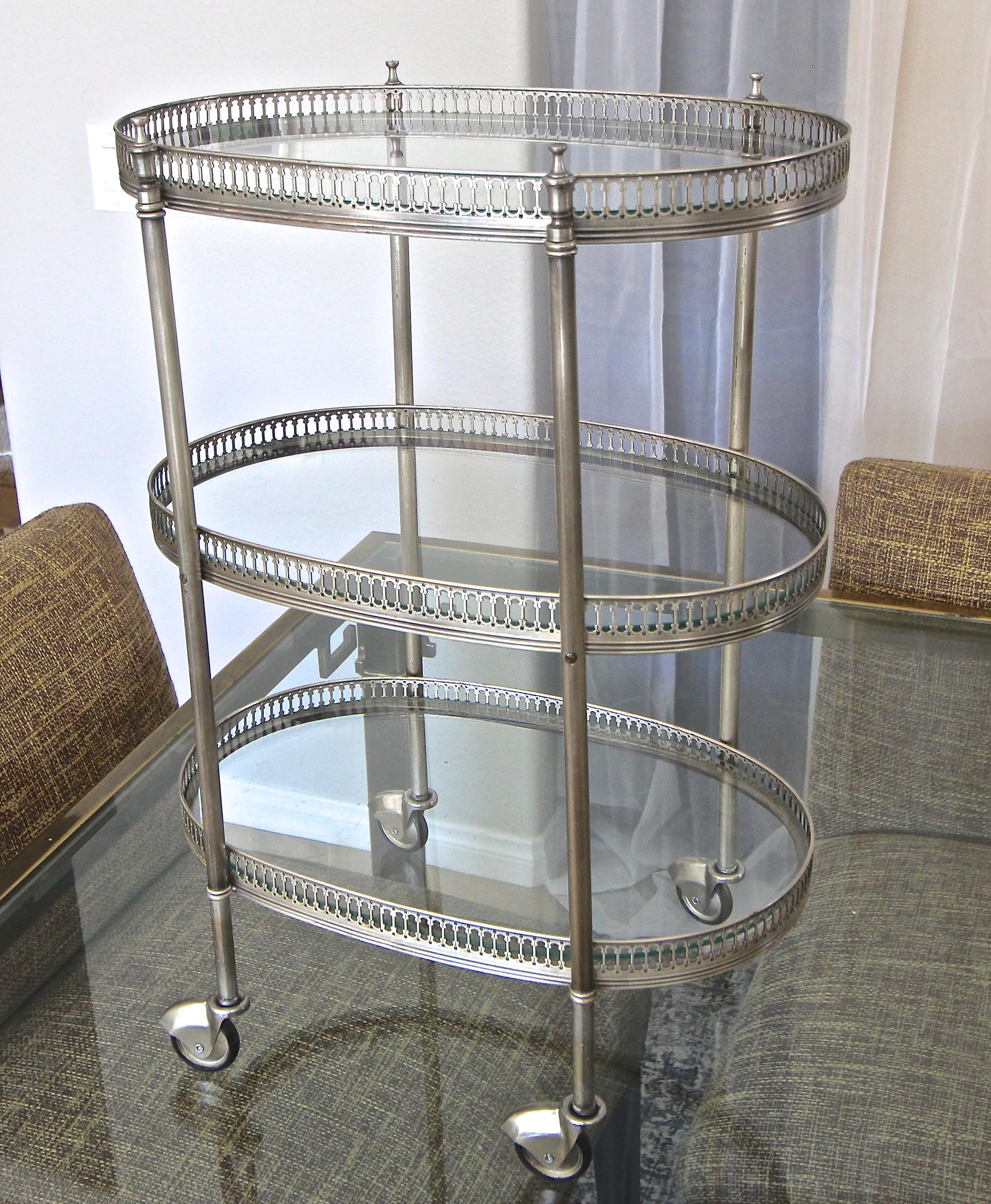 Mid-20th Century French Oval Silver Plated 3-Tier Bar Cart or Side Table