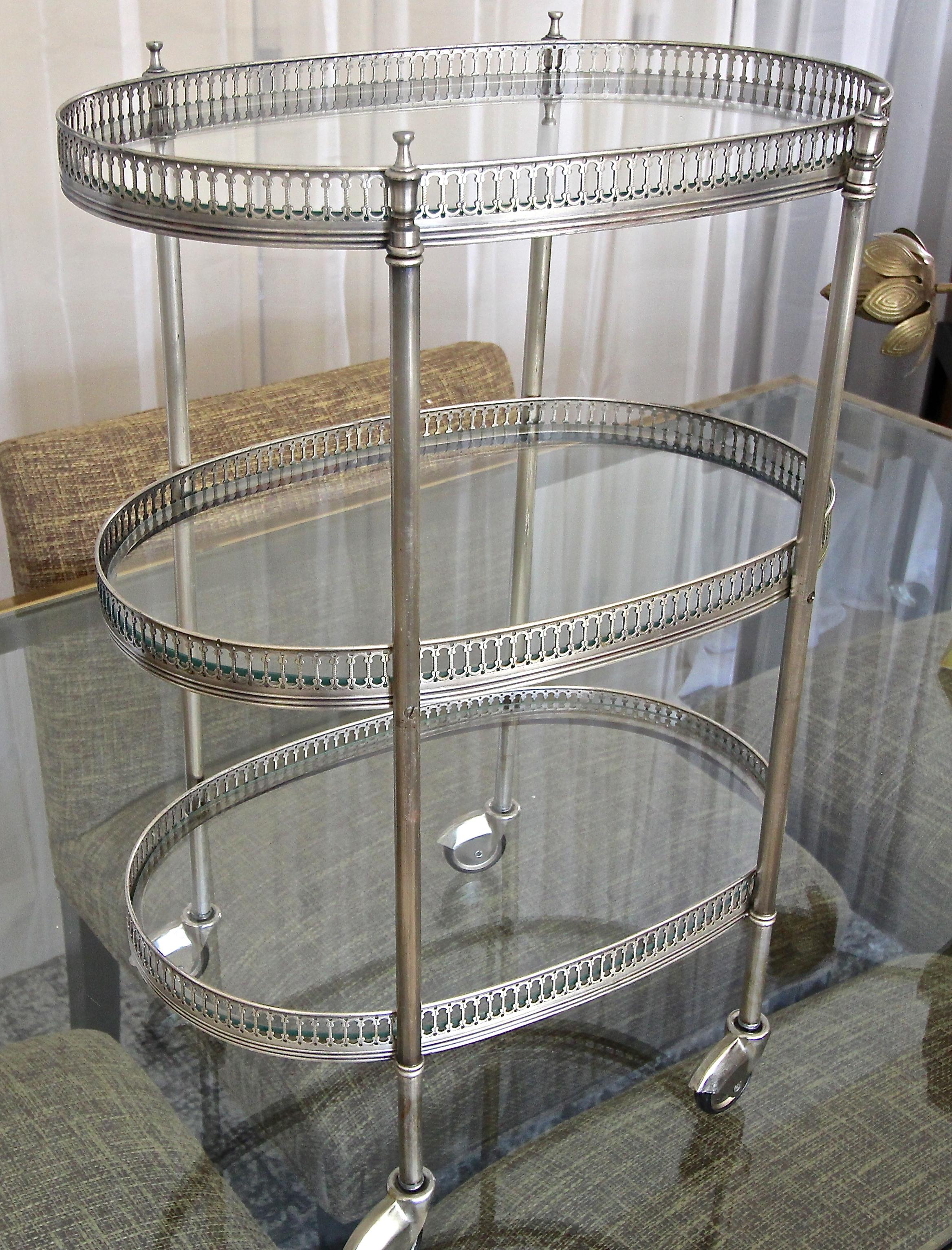 French Oval Silver Plated 3-Tier Bar Cart or Side Table 3