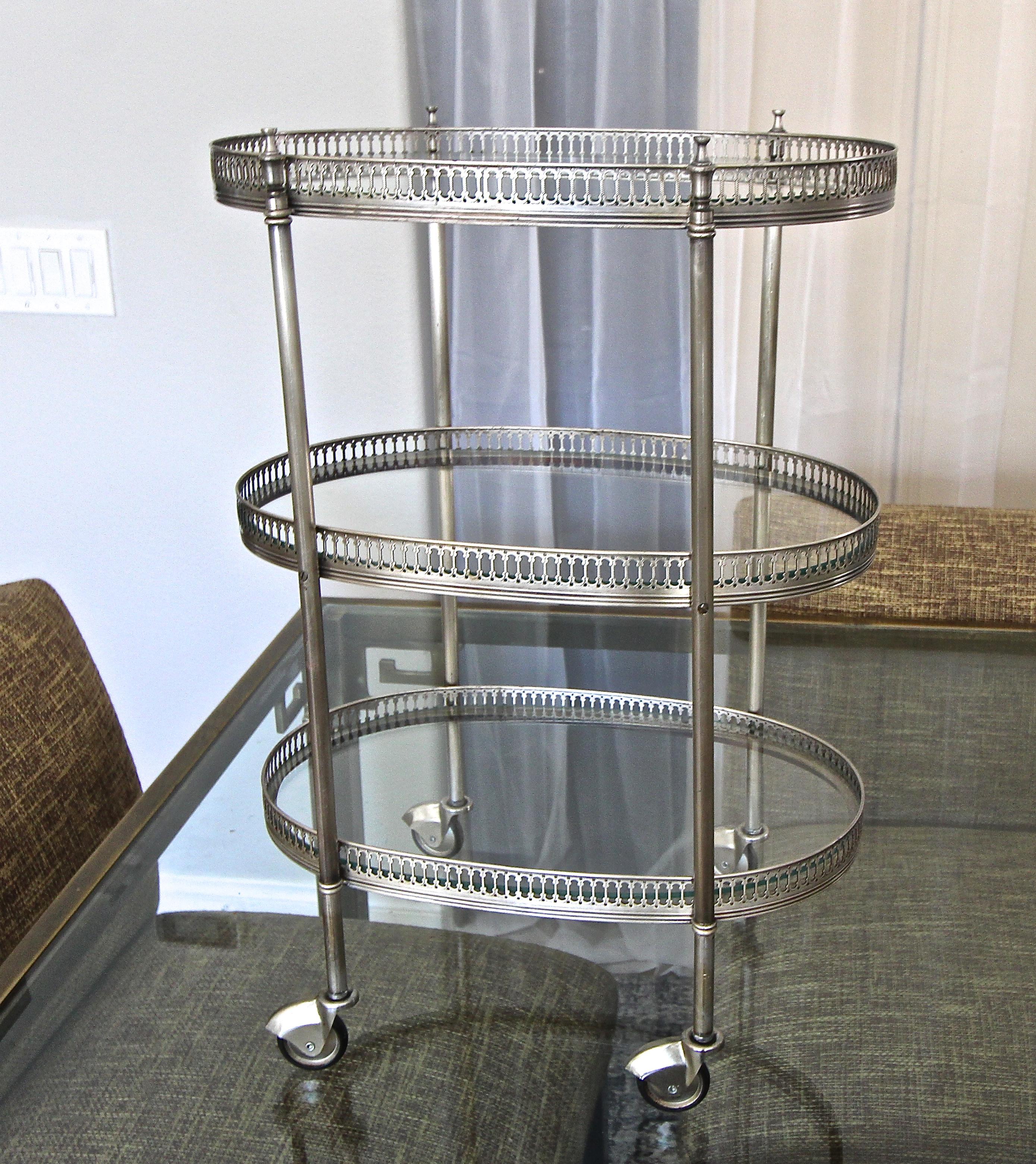 French Oval Silver Plated 3-Tier Bar Cart or Side Table 4