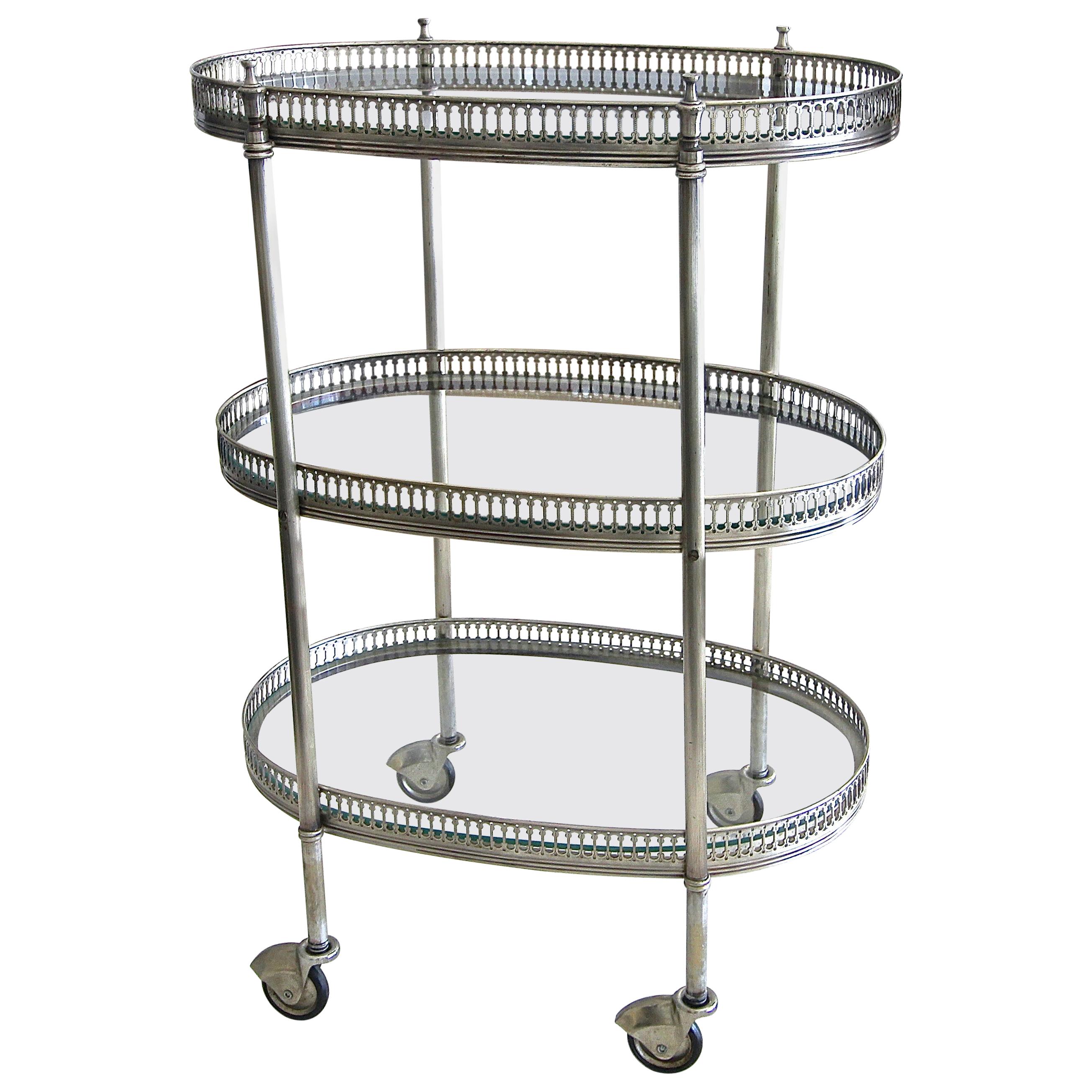French Oval Silver Plated 3-Tier Bar Cart or Side Table