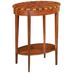 Antique French Oval Walnut Side Table with Inlaid Radiating Motifs and Lower Shelf 1860s
