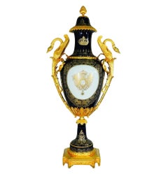 French Oversized Cobalt Blue Porcelain Vases with Gilt Bronze Details