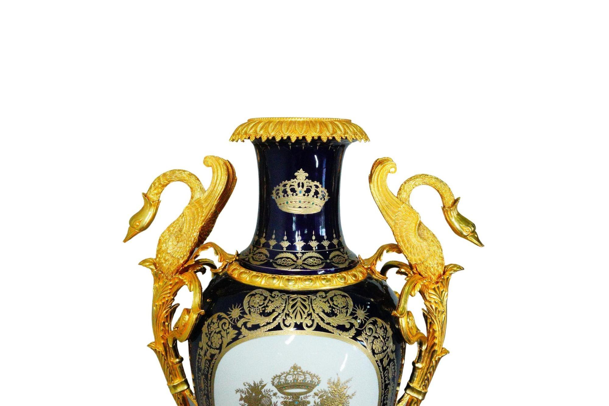 20th Century French Oversized Cobalt Blue Porcelain Vases with Gilt Bronze Details For Sale