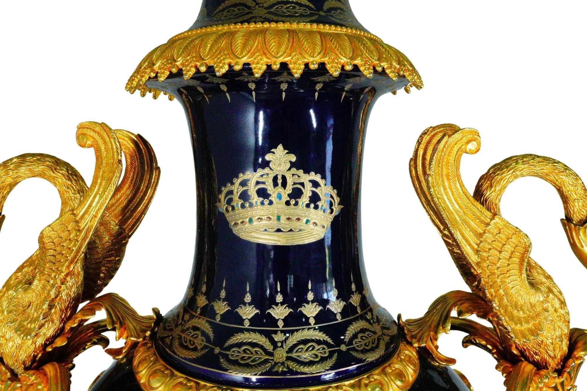 French Oversized Cobalt Blue Porcelain Vases with Gilt Bronze Details For Sale 2