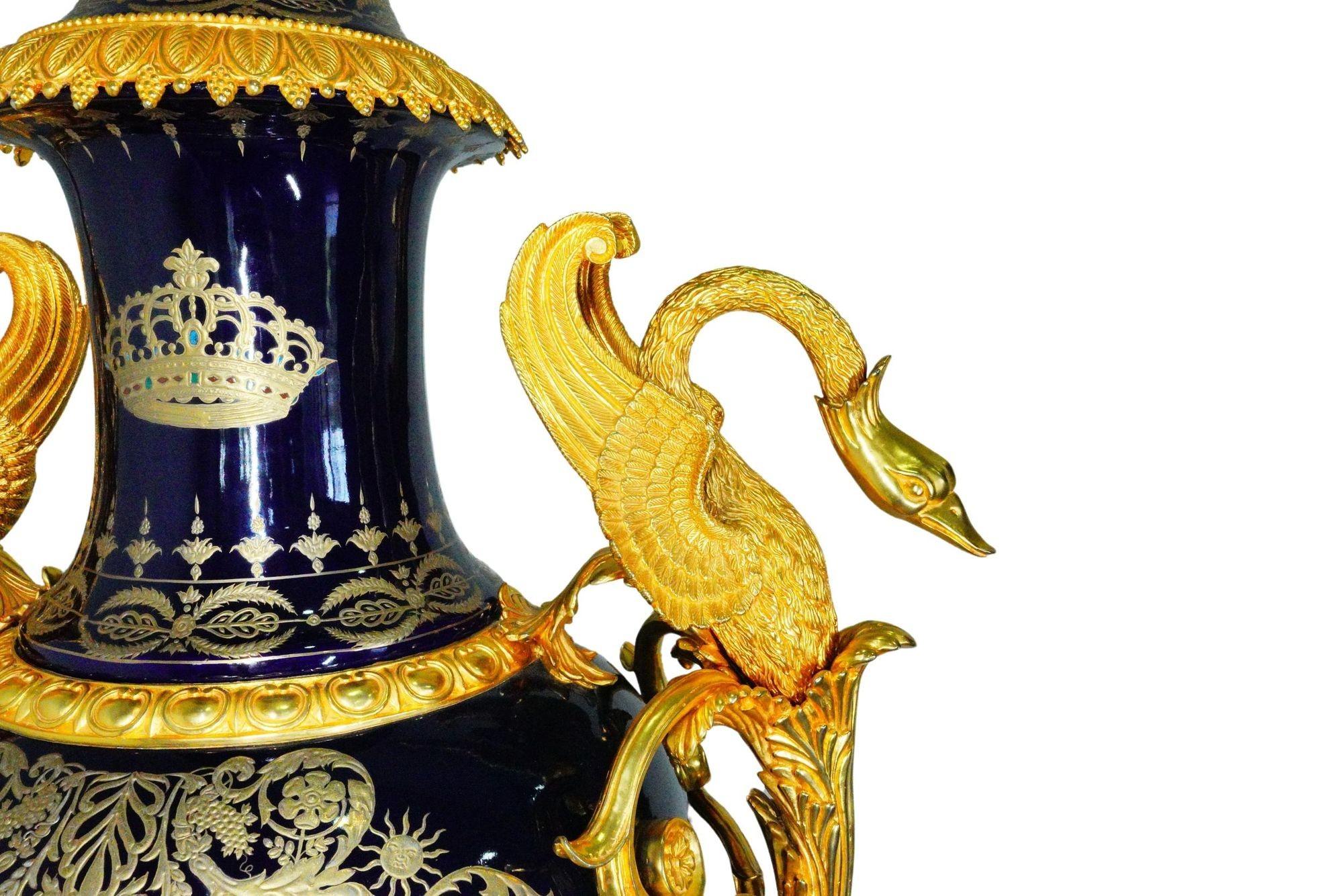 French Oversized Cobalt Blue Porcelain Vases with Gilt Bronze Details For Sale 3