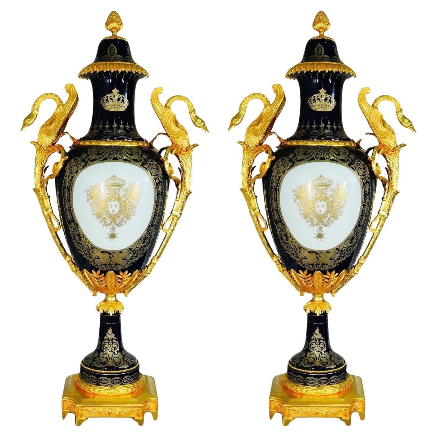 French Oversized Cobalt Blue Porcelain Vases with Gilt Bronze Details