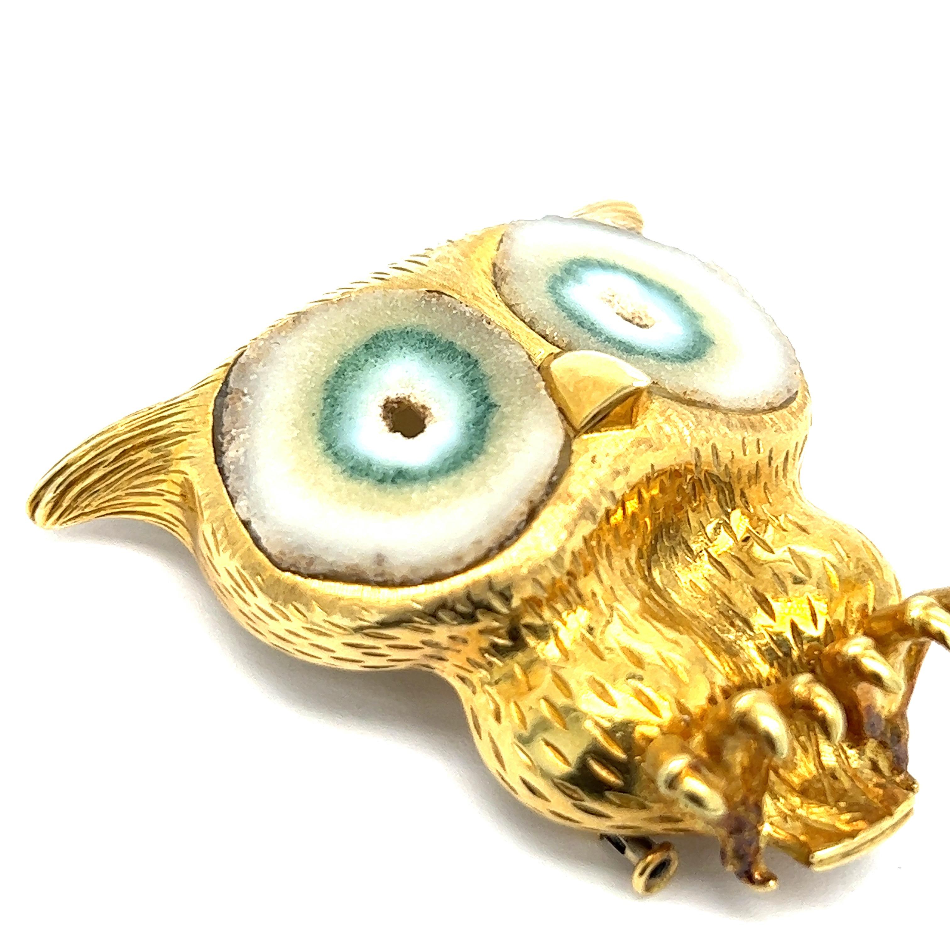 Uncut French Owl Agate Gold Brooch For Sale