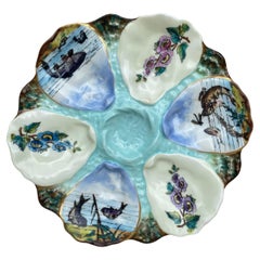 Antique French Oyster Plate Porcelain Fishs & Flowers Limoges