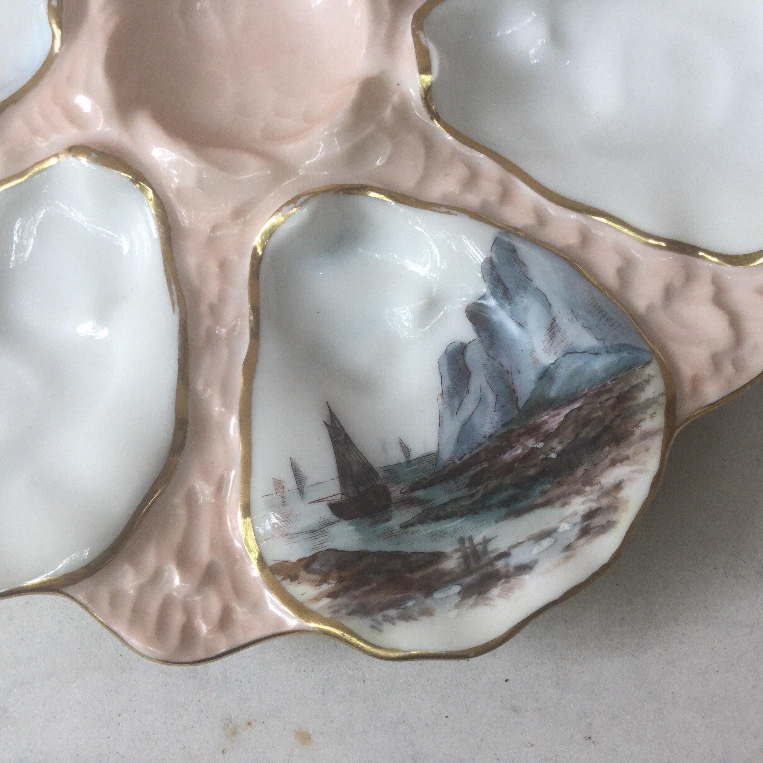 Antique 19th century French porcelain oyster plate with boats Limoges.