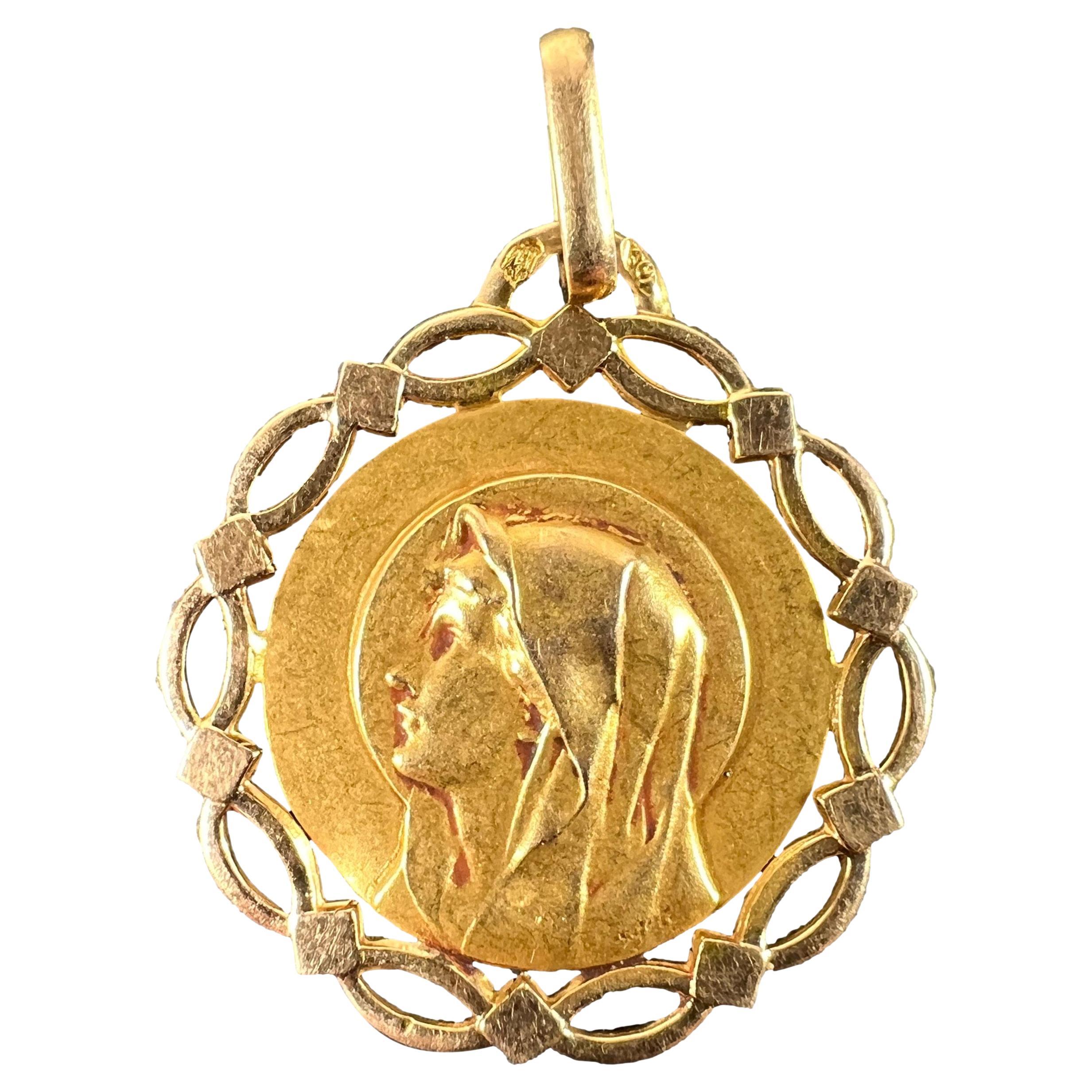 French Pageri Perroud Virgin Mary 18K Yellow Gold Framed Medal Pendant