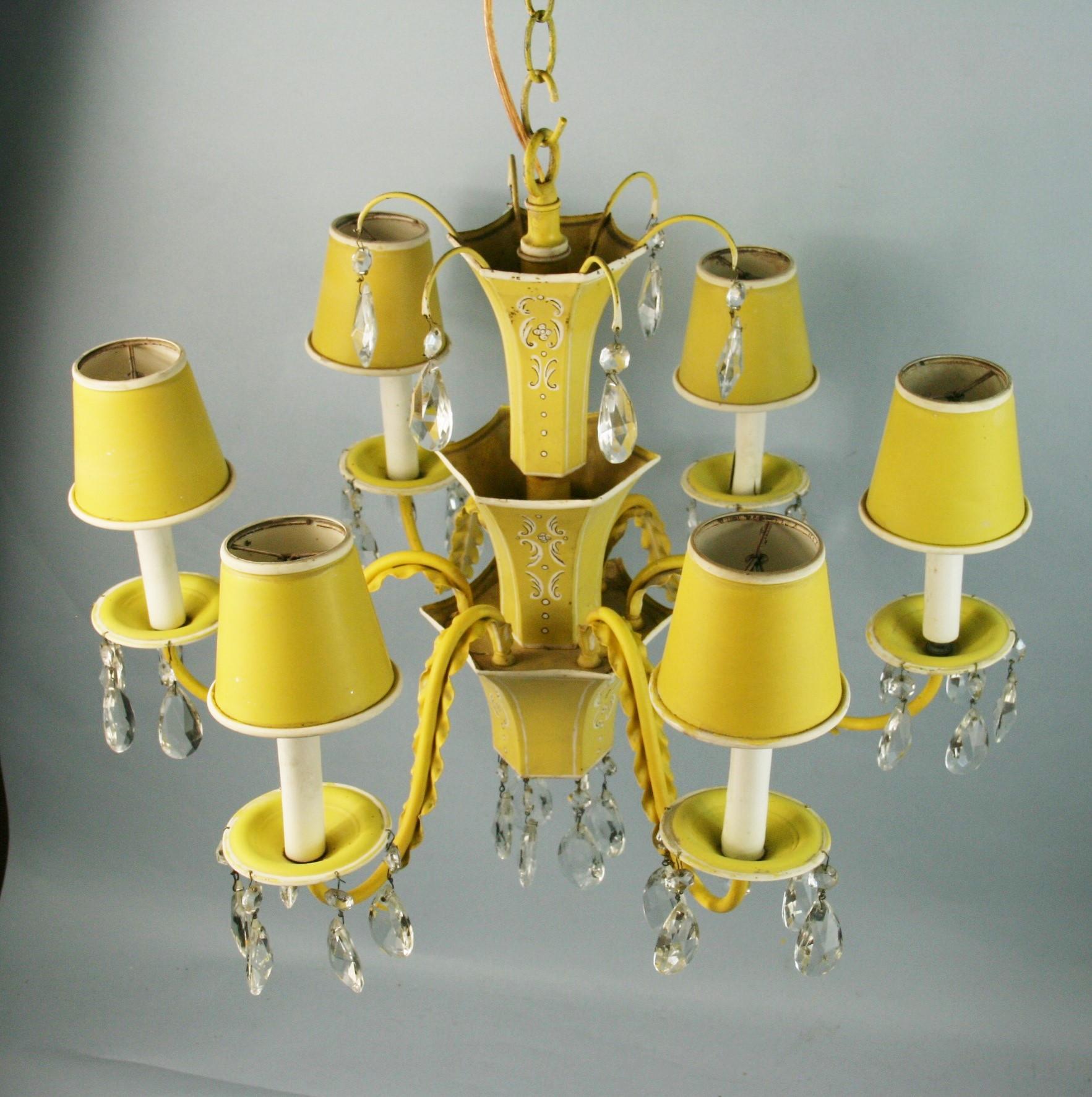 French Pagoda Yellow/White 6 Light Chandelier with Crystal, circa 1950's 4