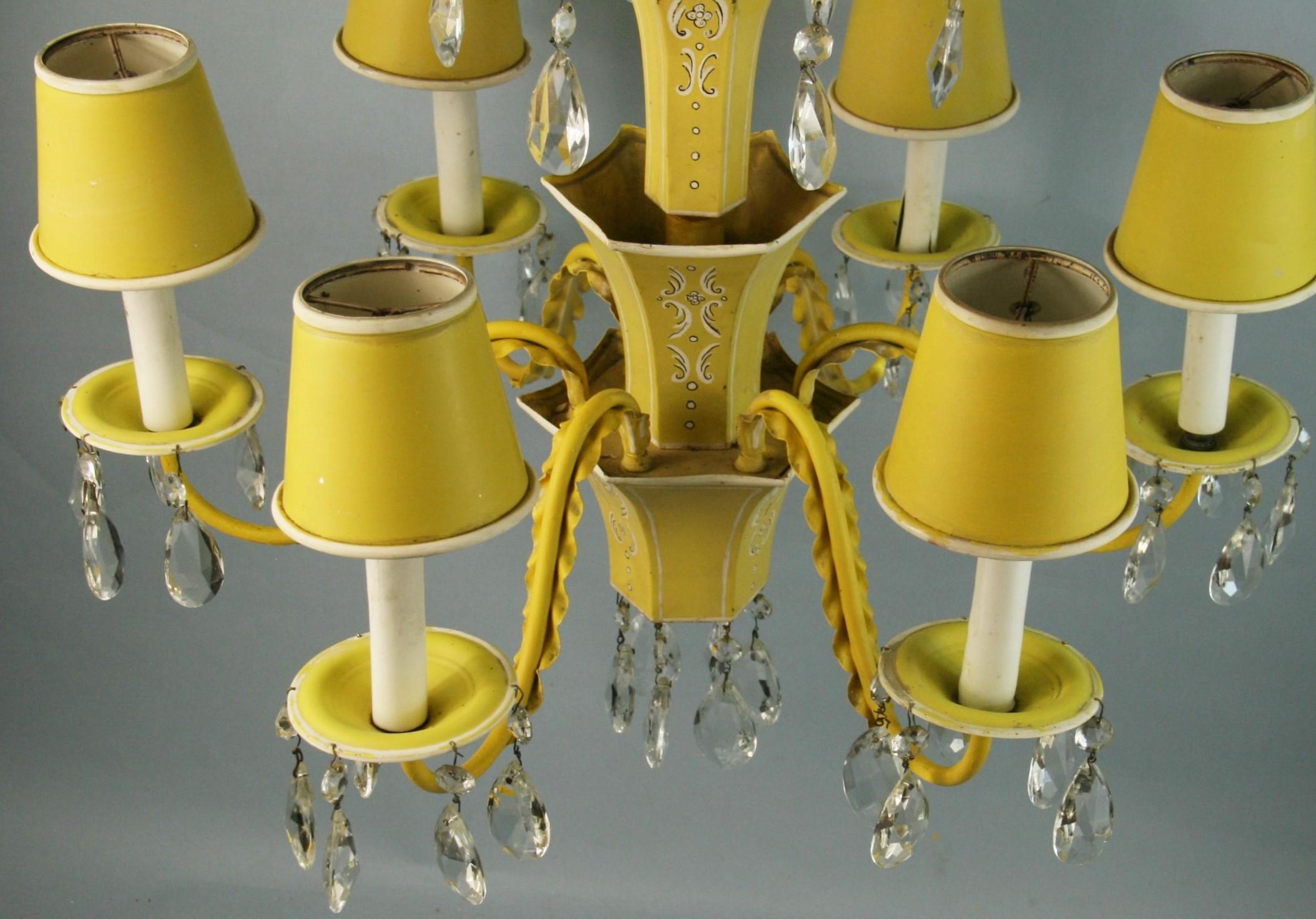 French Pagoda Yellow/White 6 Light Chandelier with Crystal, circa 1950's 5