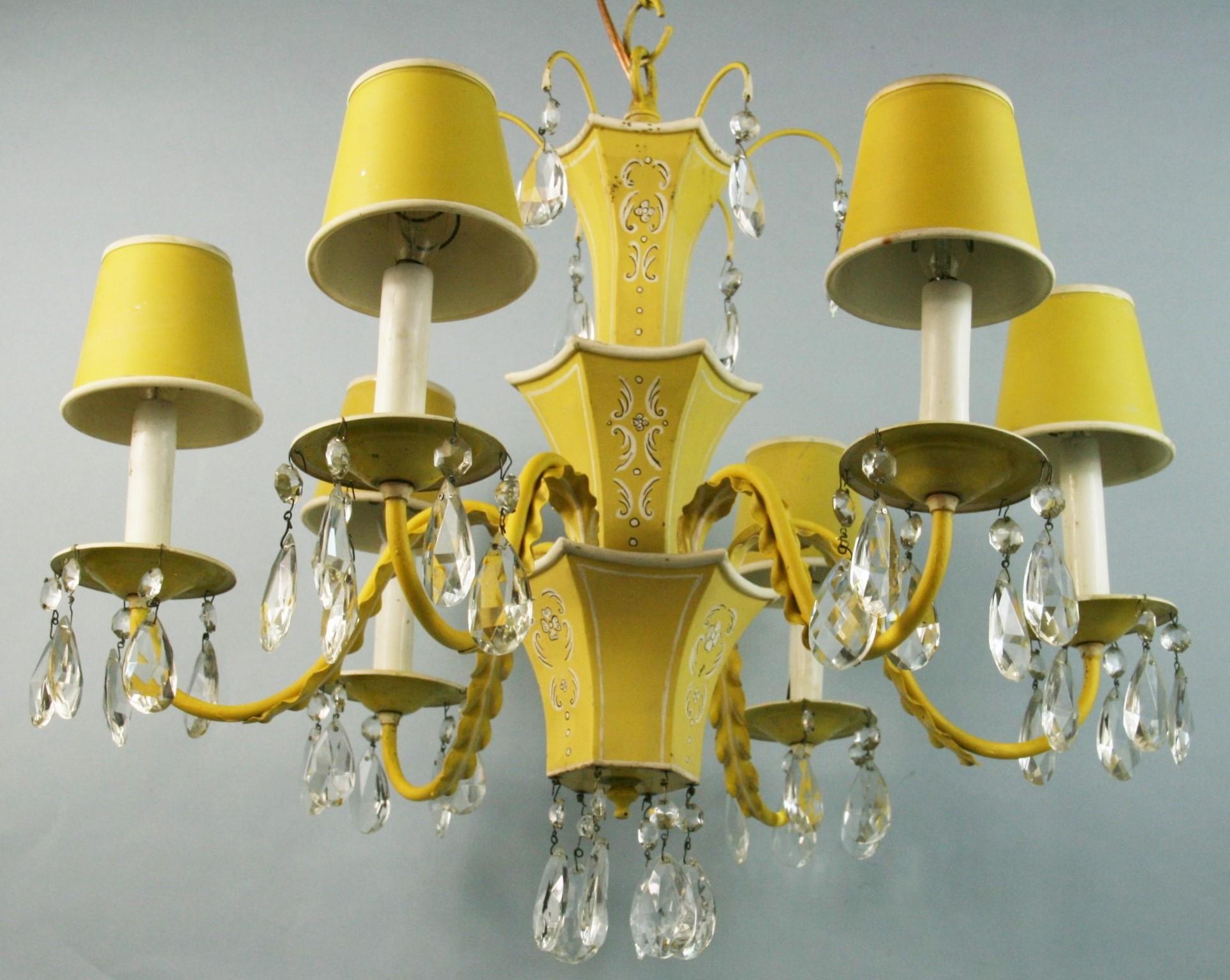 French Pagoda Yellow/White 6 Light Chandelier with Crystal, circa 1950's 6