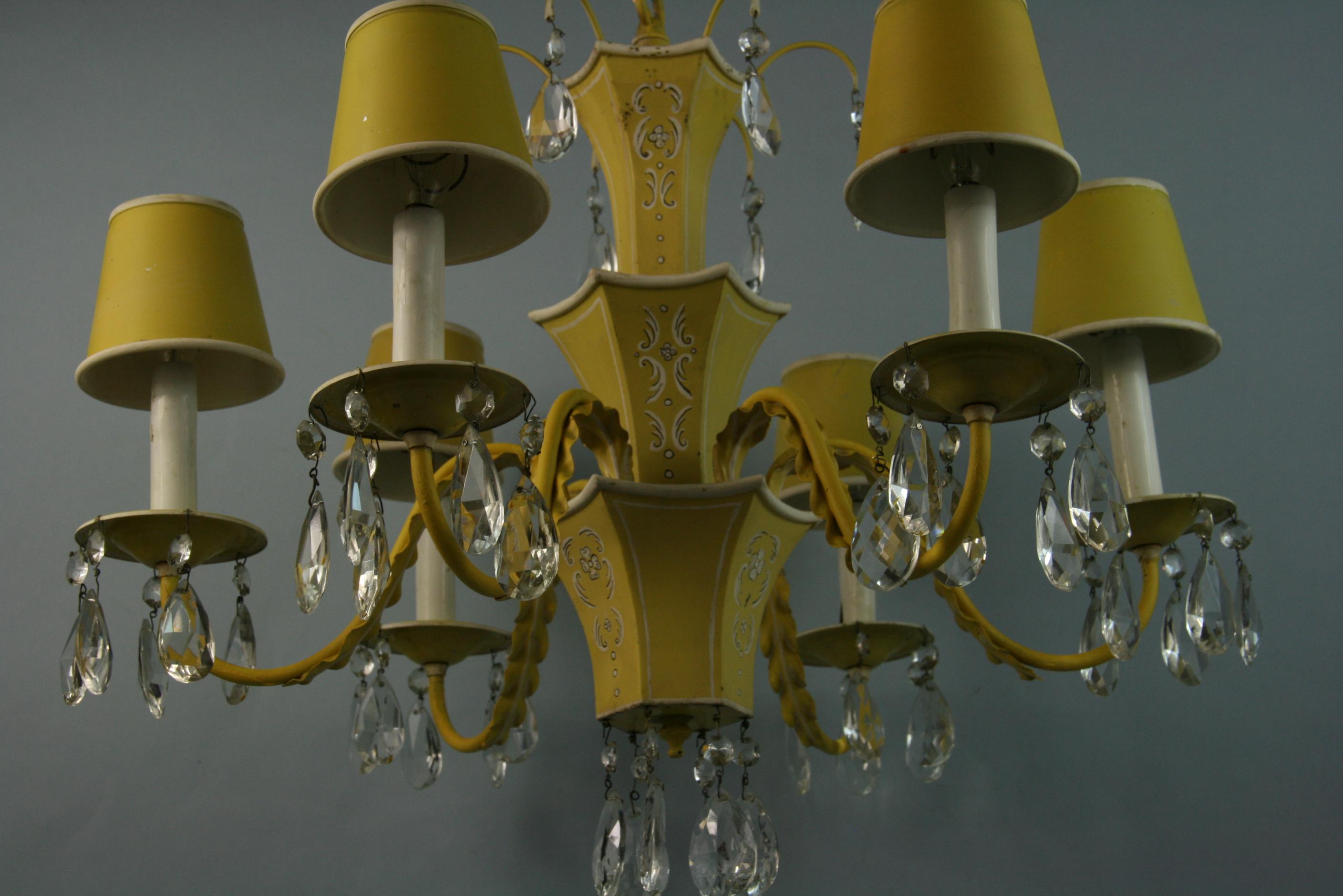 French Pagoda Yellow/White 6 Light Chandelier with Crystal, circa 1950's 7