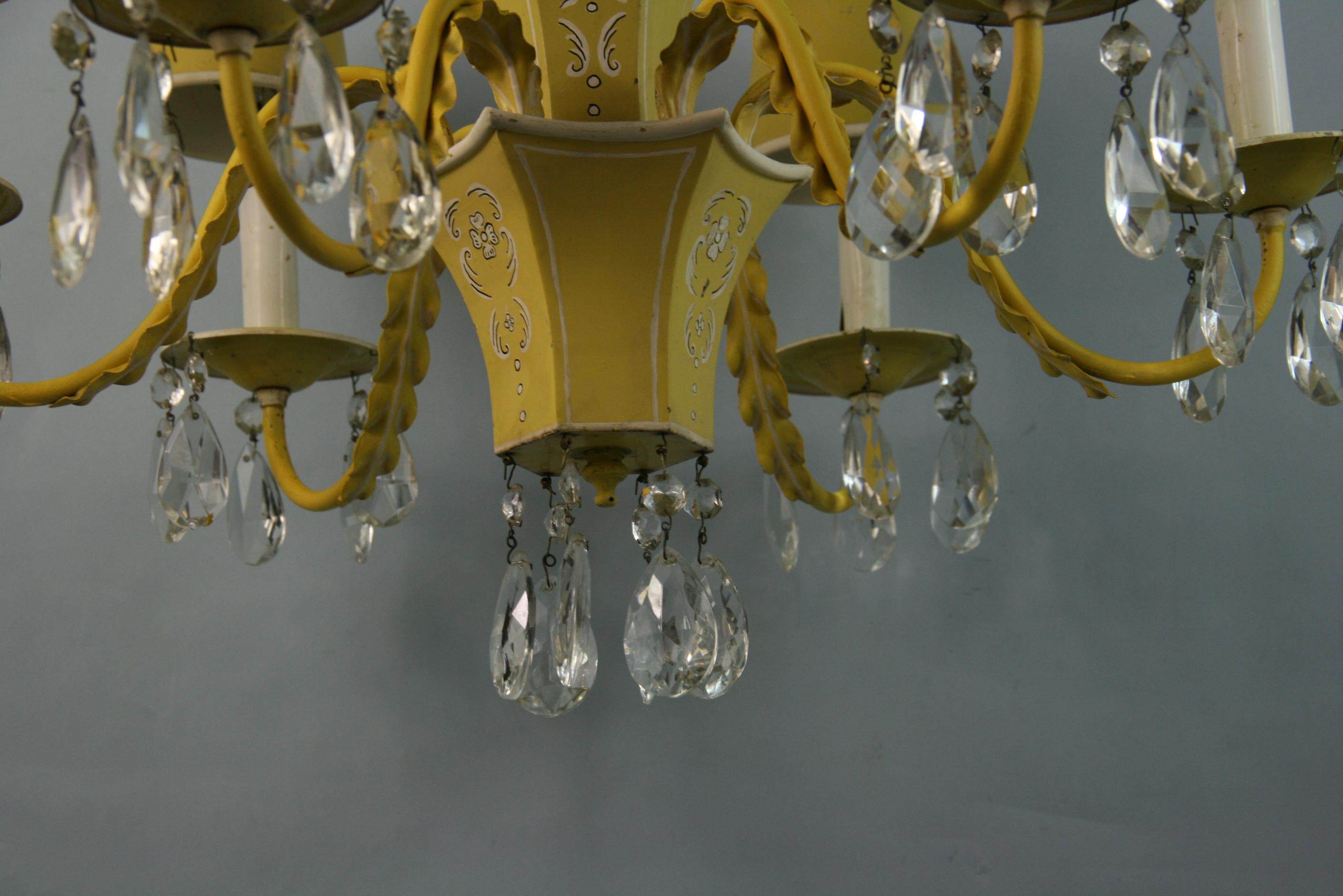 French Pagoda Yellow/White 6 Light Chandelier with Crystal, circa 1950's 8
