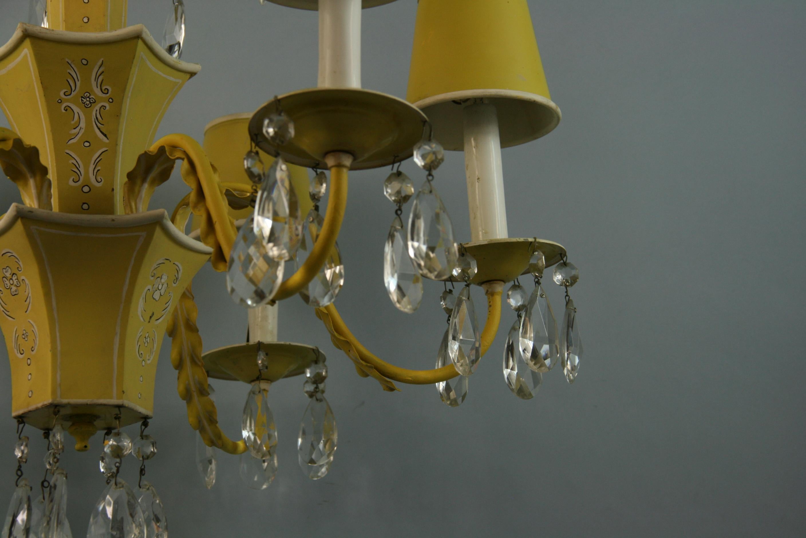 French Pagoda Yellow/White 6 Light Chandelier with Crystal, circa 1950's 9