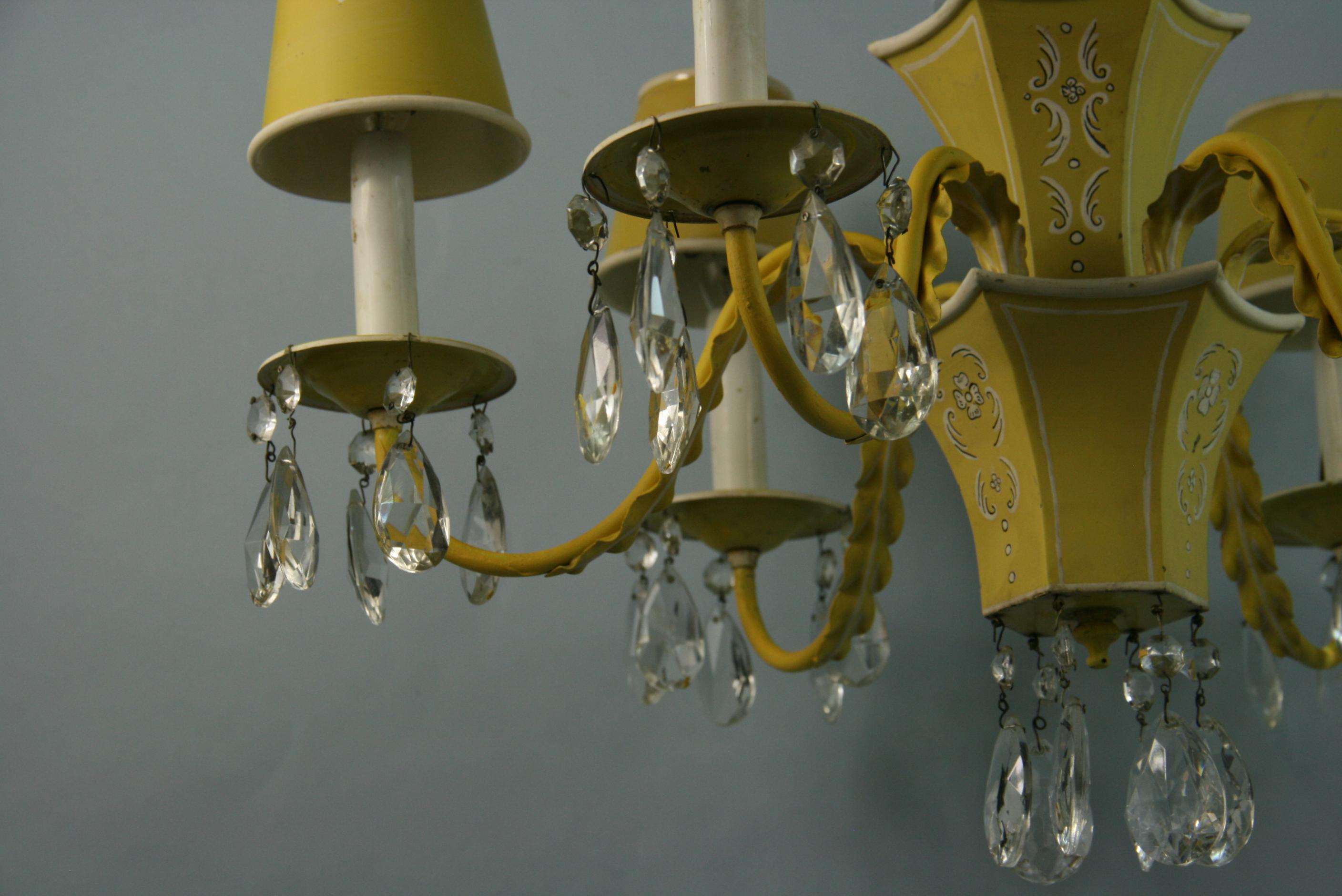 French Pagoda Yellow/White 6 Light Chandelier with Crystal, circa 1950's 10