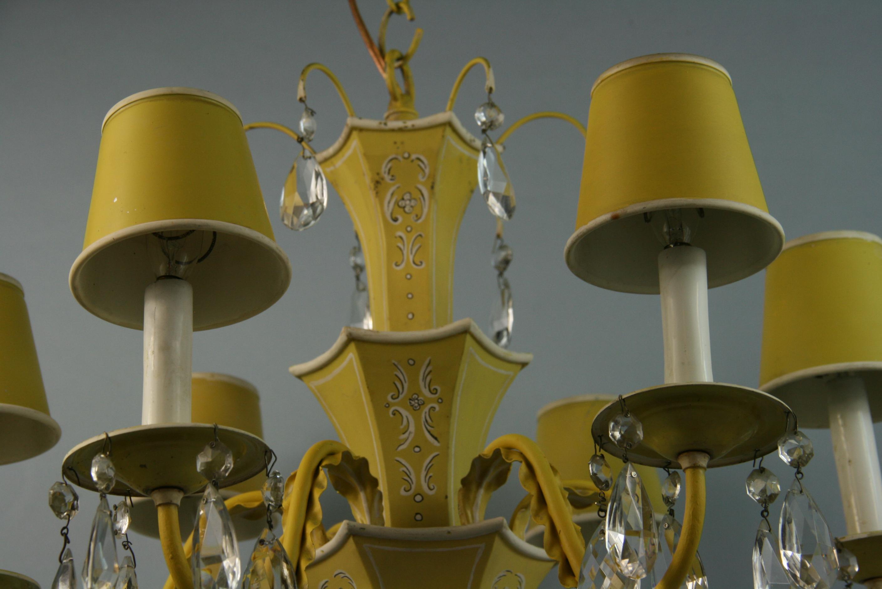 French Pagoda Yellow/White 6 Light Chandelier with Crystal, circa 1950's 11