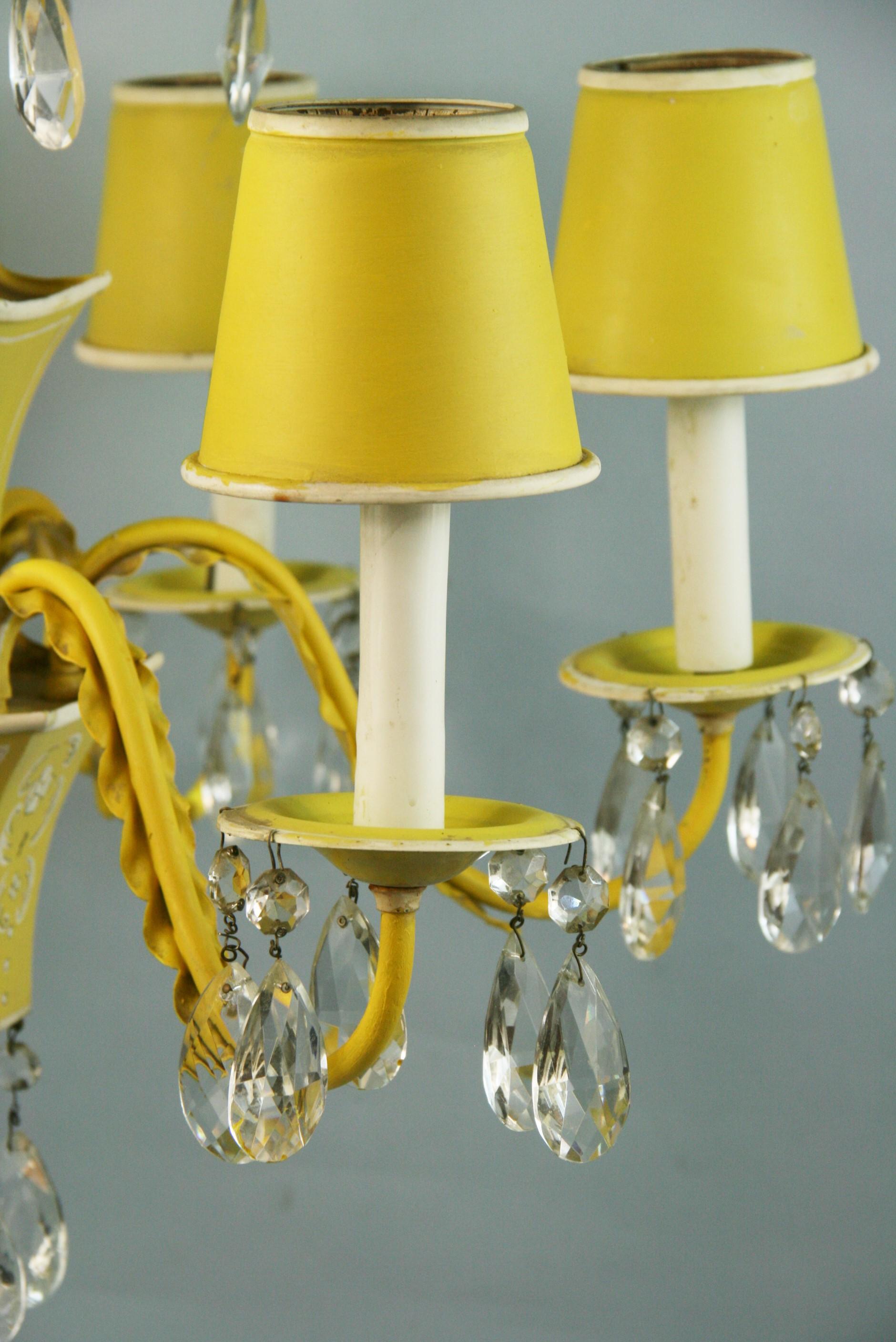 French Pagoda Yellow/White 6 Light Chandelier with Crystal, circa 1950's In Good Condition In Douglas Manor, NY