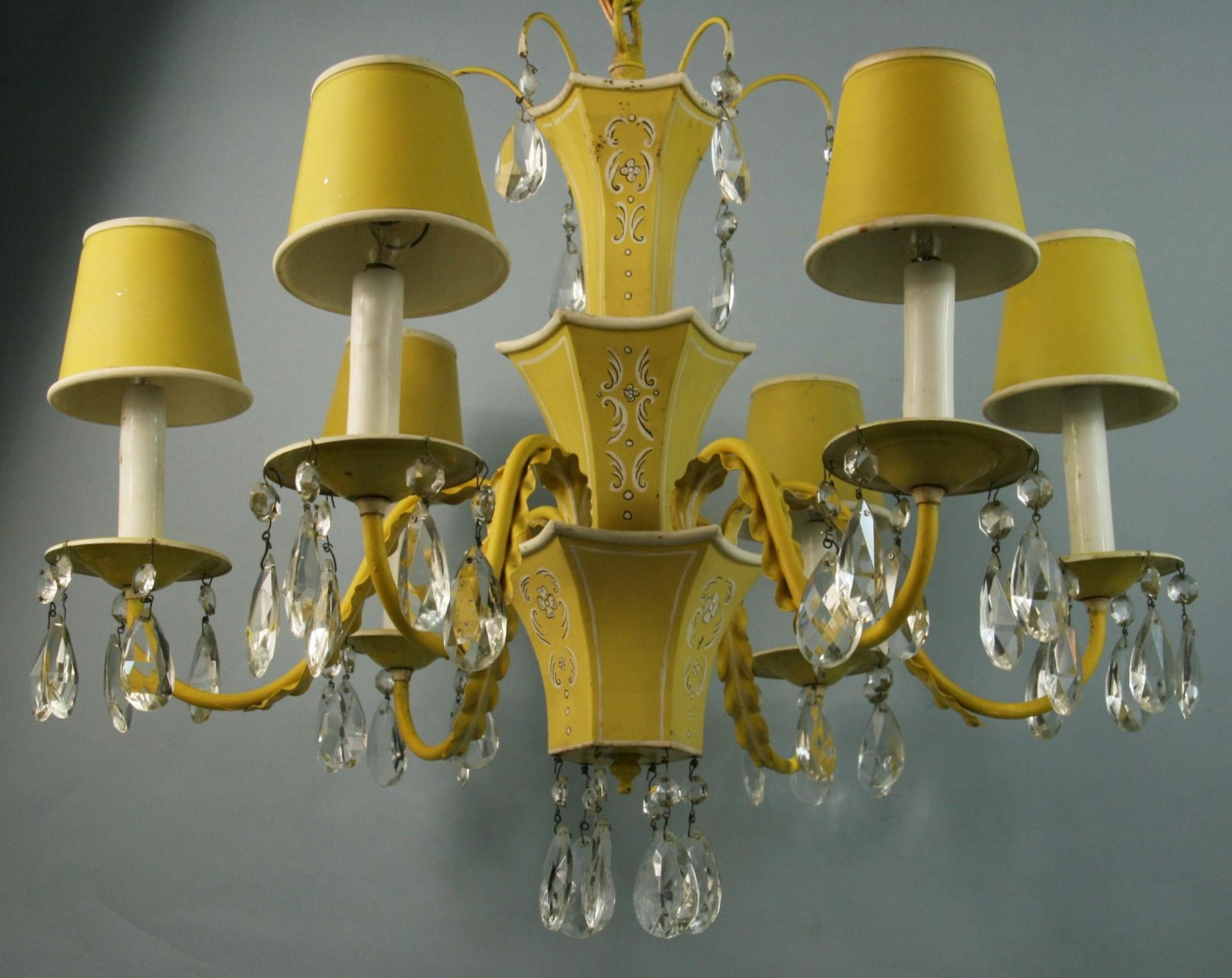 Mid-20th Century French Pagoda Yellow/White 6 Light Chandelier with Crystal, circa 1950's