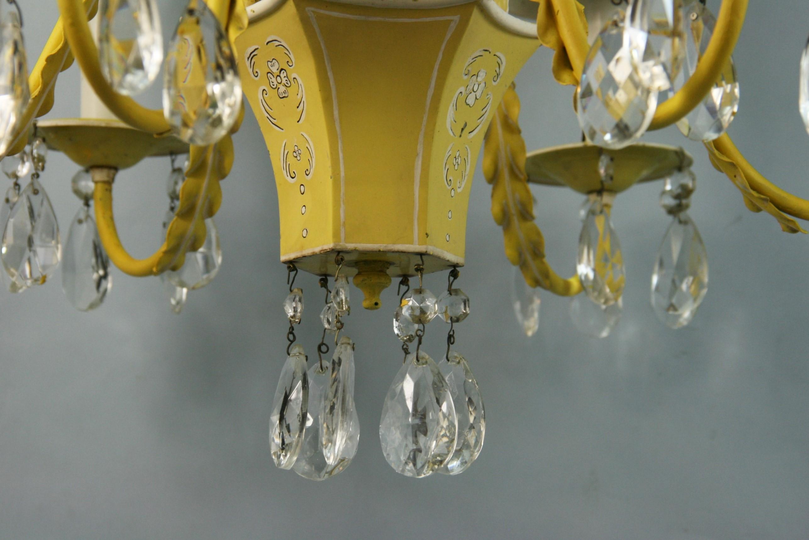 Metal French Pagoda Yellow/White 6 Light Chandelier with Crystal, circa 1950's