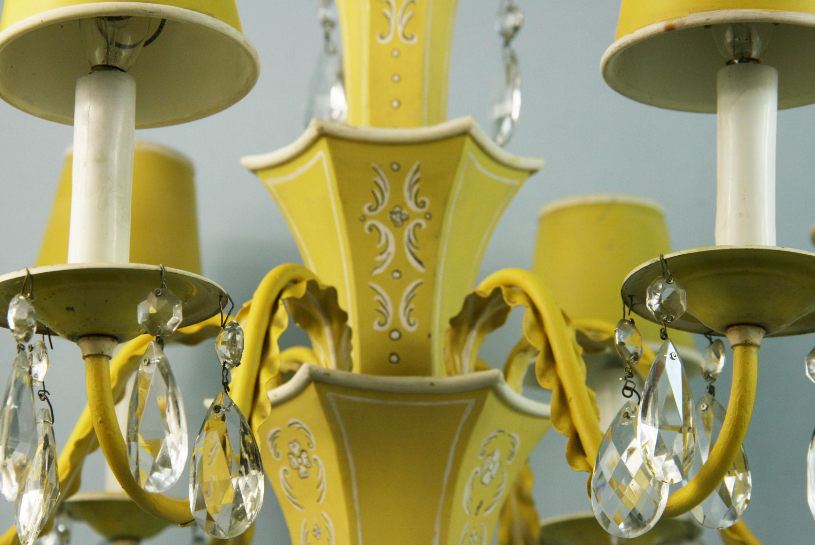 French Pagoda Yellow/White 6 Light Chandelier with Crystal, circa 1950's 1