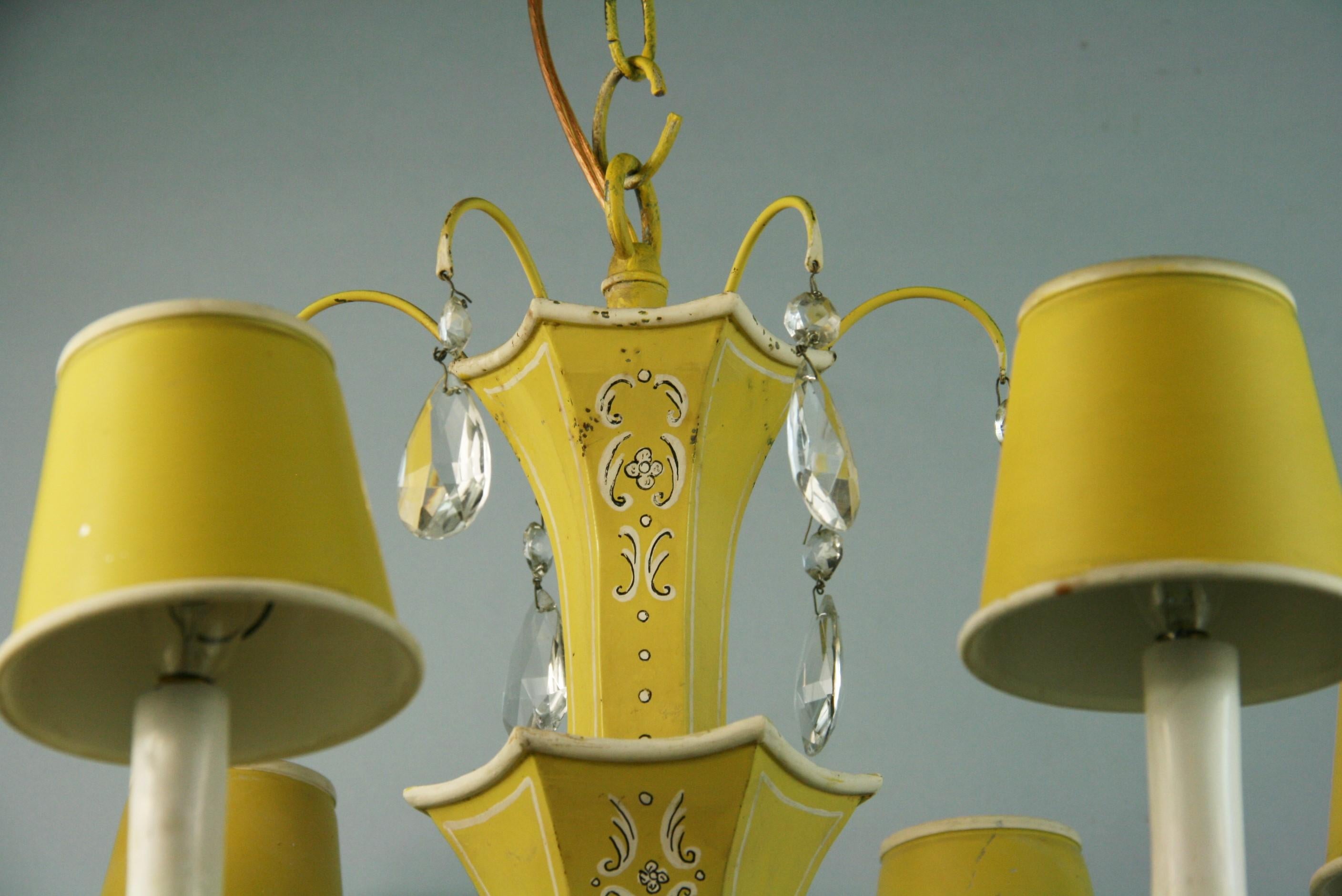 French Pagoda Yellow/White 6 Light Chandelier with Crystal, circa 1950's 2