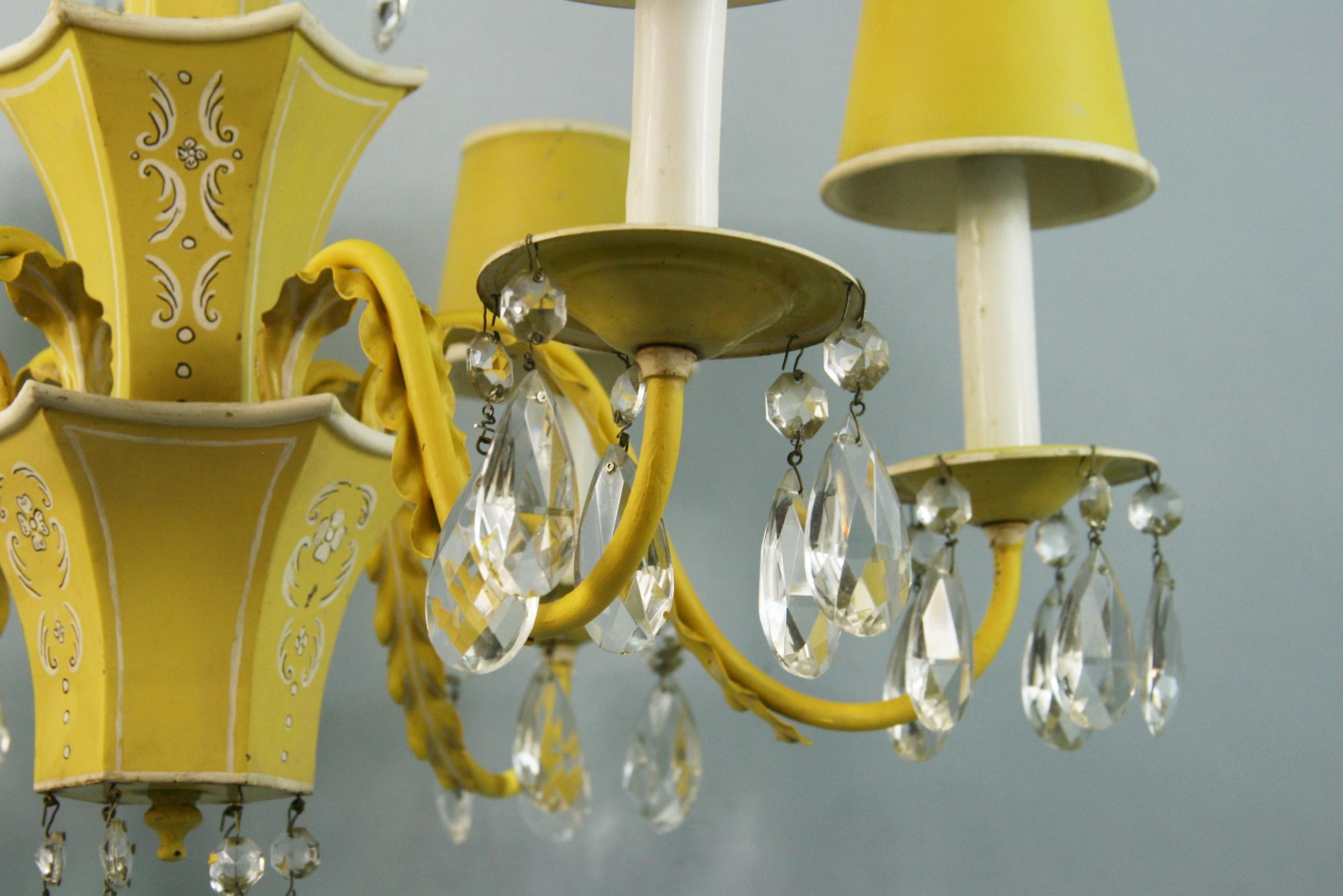 French Pagoda Yellow/White 6 Light Chandelier with Crystal, circa 1950's 3