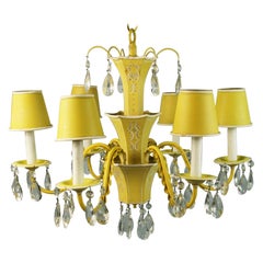 French Pagoda Yellow/White 6 Light Chandelier with Crystal, circa 1950's