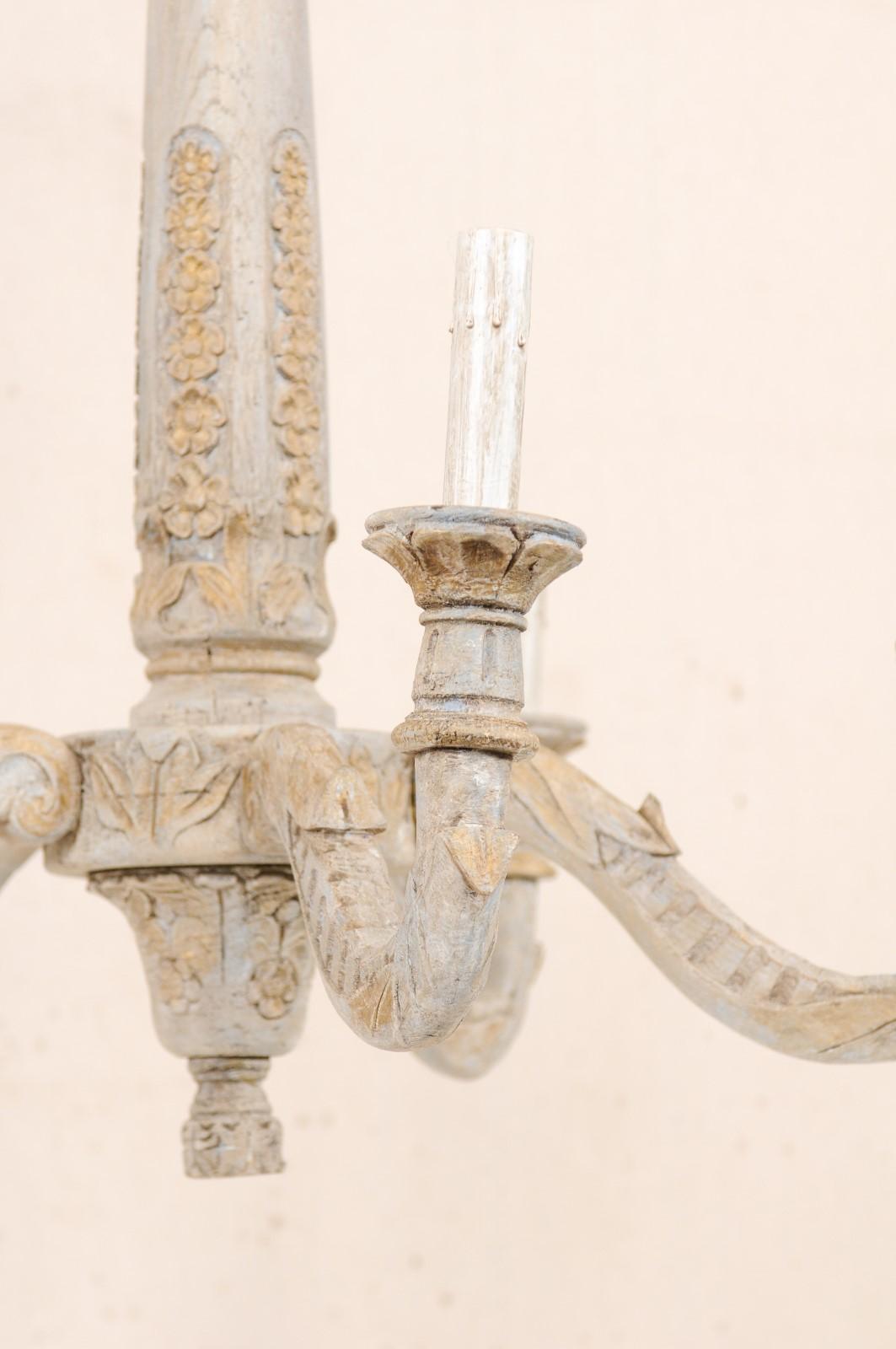 French Painted and Carved Wood Chandelier with Floral Carved Column 6