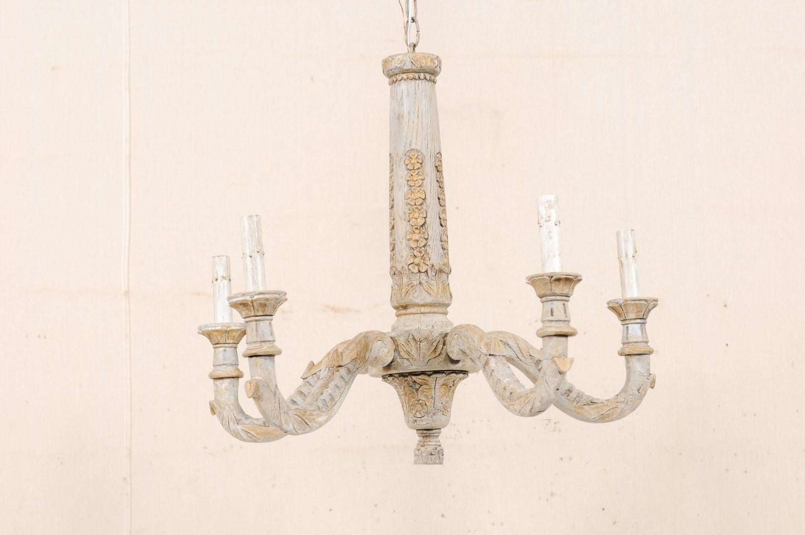 French Painted and Carved Wood Chandelier with Floral Carved Column In Good Condition In Atlanta, GA
