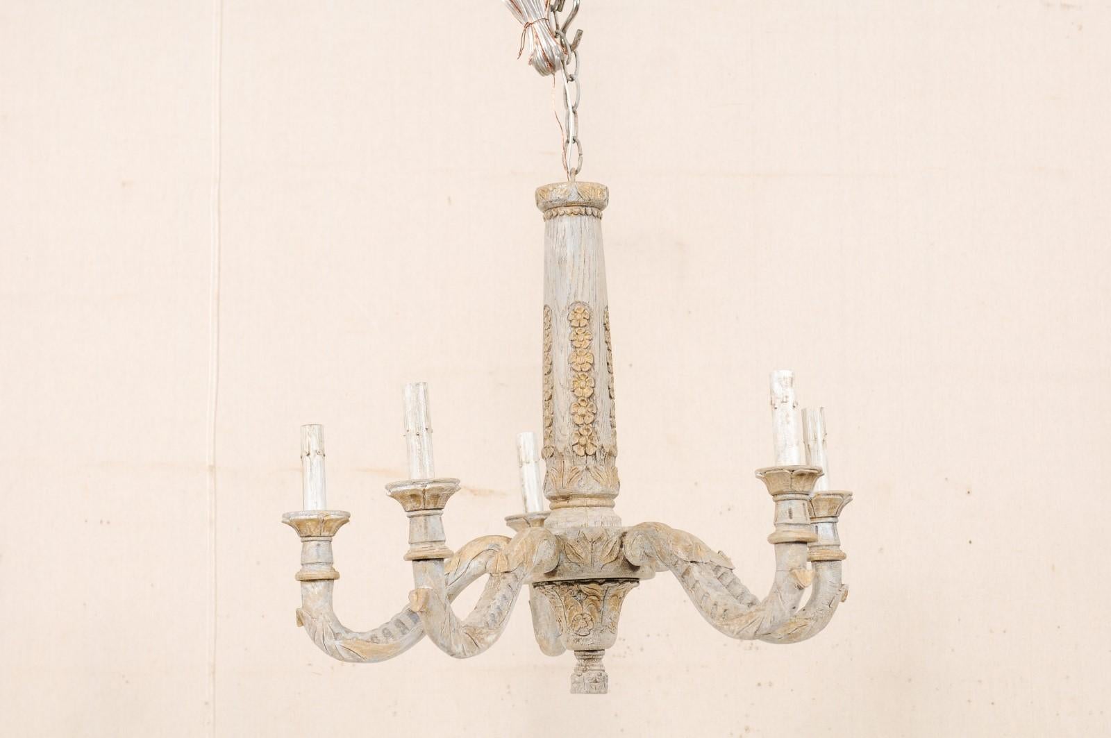 20th Century French Painted and Carved Wood Chandelier with Floral Carved Column