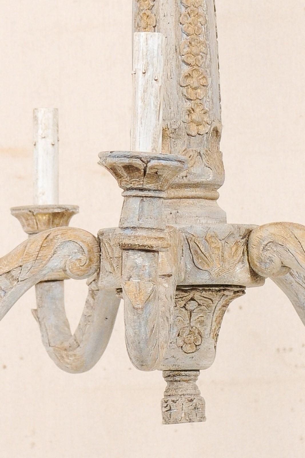 French Painted and Carved Wood Chandelier with Floral Carved Column 3