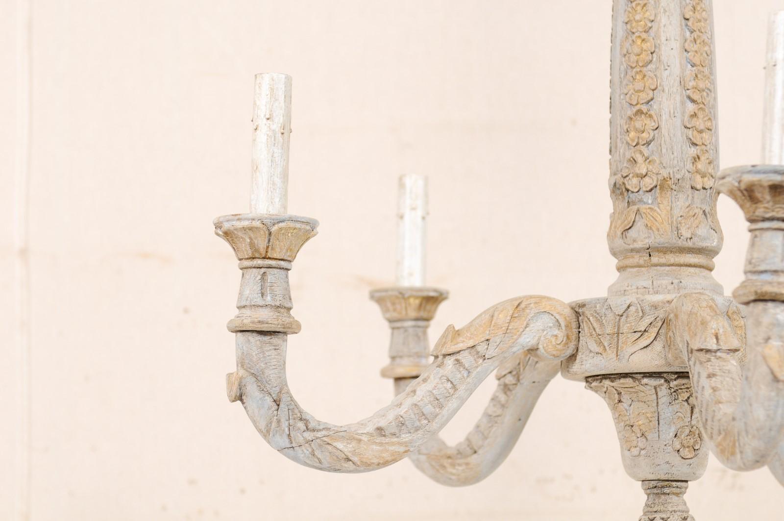 French Painted and Carved Wood Chandelier with Floral Carved Column 4