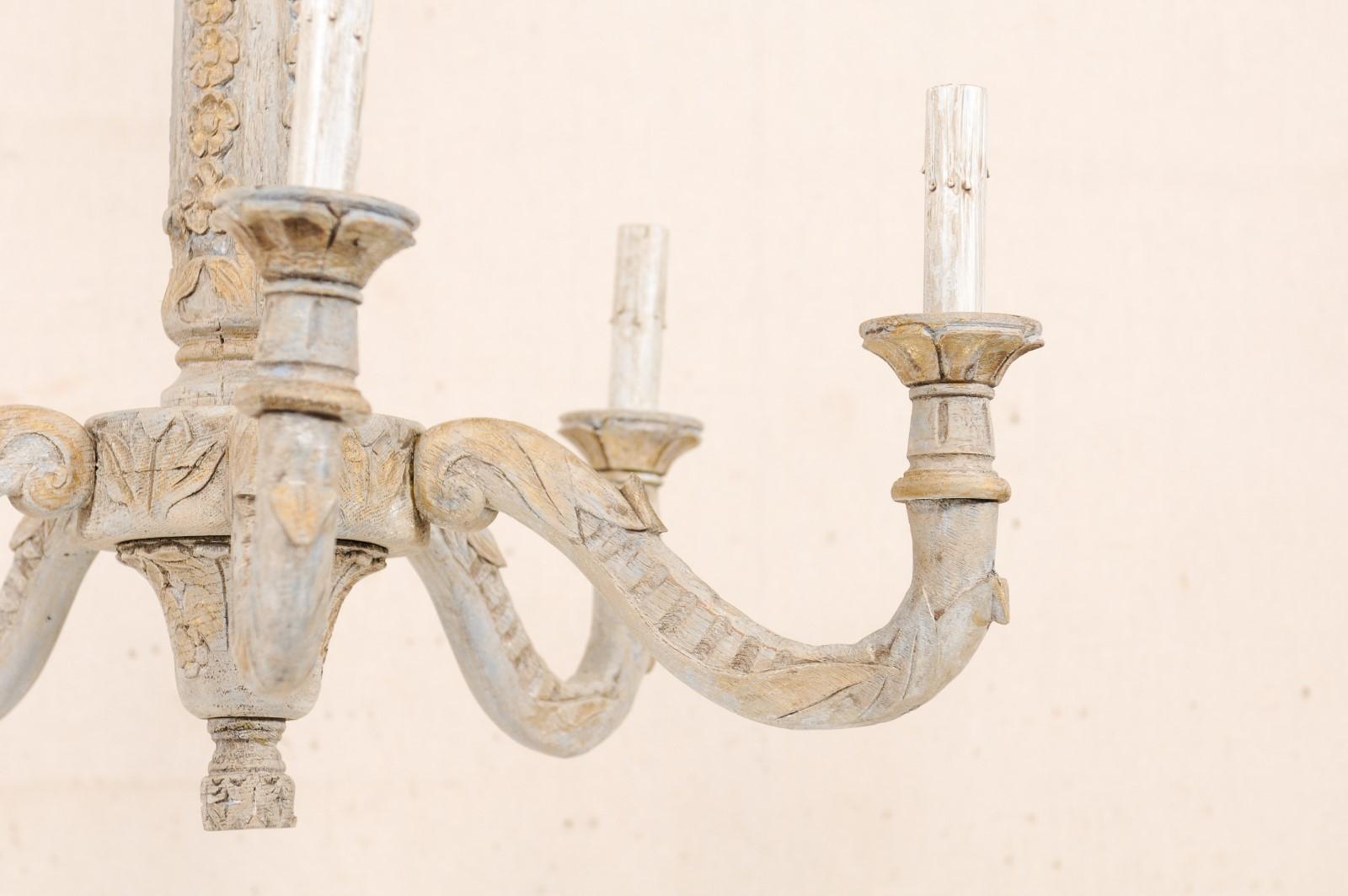 French Painted and Carved Wood Chandelier with Floral Carved Column 5