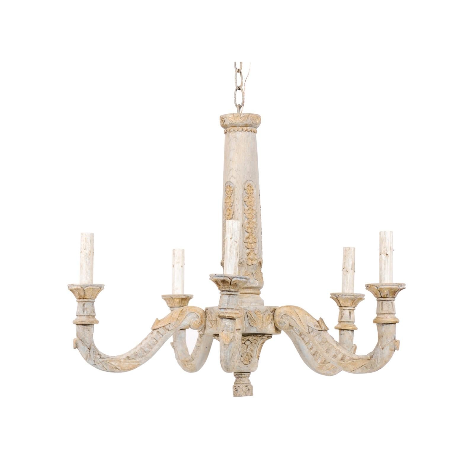 French Painted and Carved Wood Chandelier with Floral Carved Column