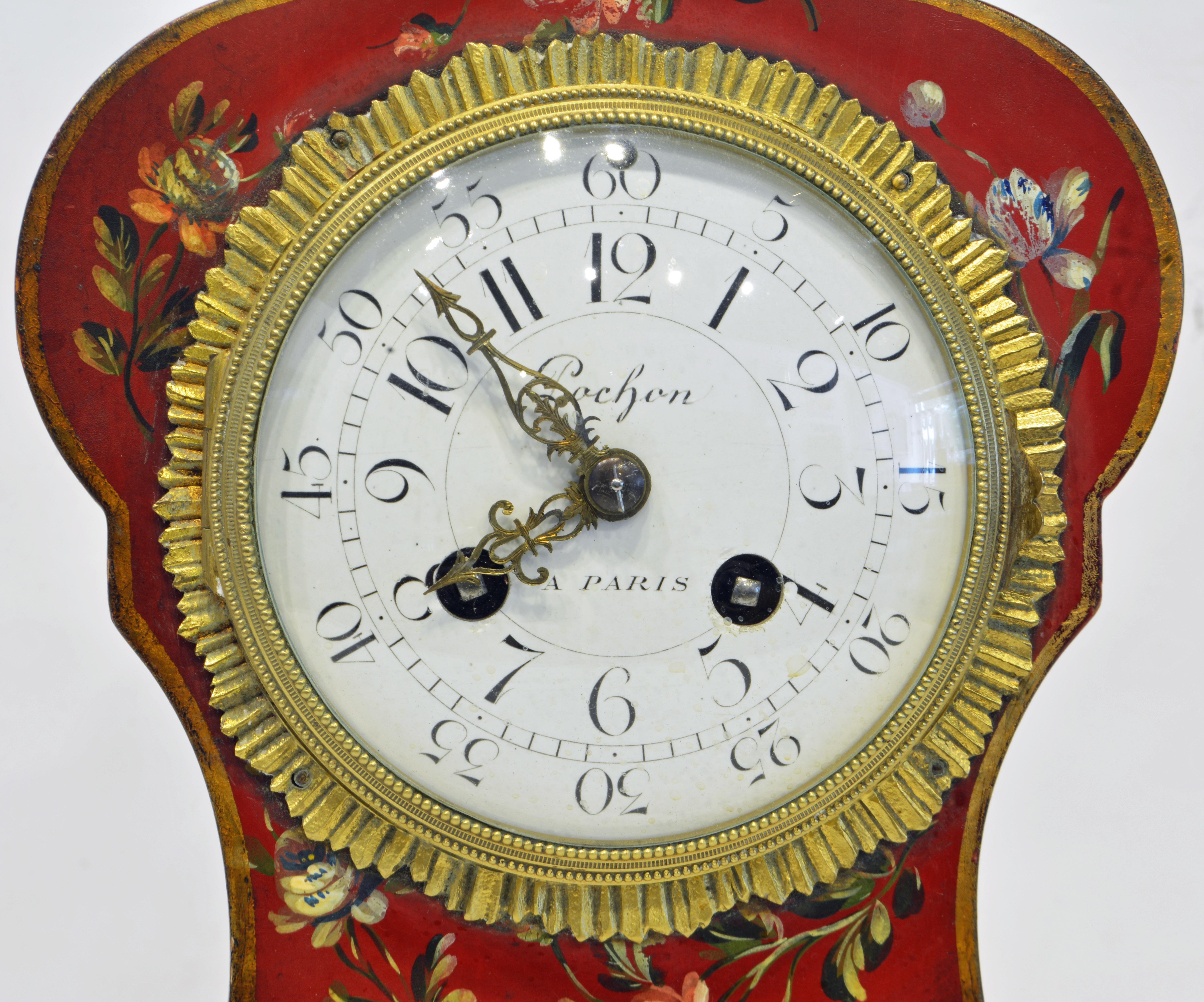 French Painted and Flower Decorated Bronze Mounted Mantel Clock, 19th Century 5